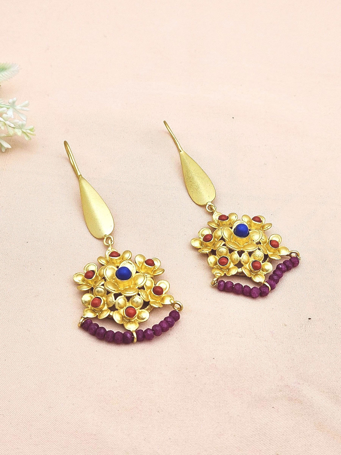Amazing Gold plated Coral & Blue Glass - Red Hathipara Beads Charming Designer Dangle Drop Earrings