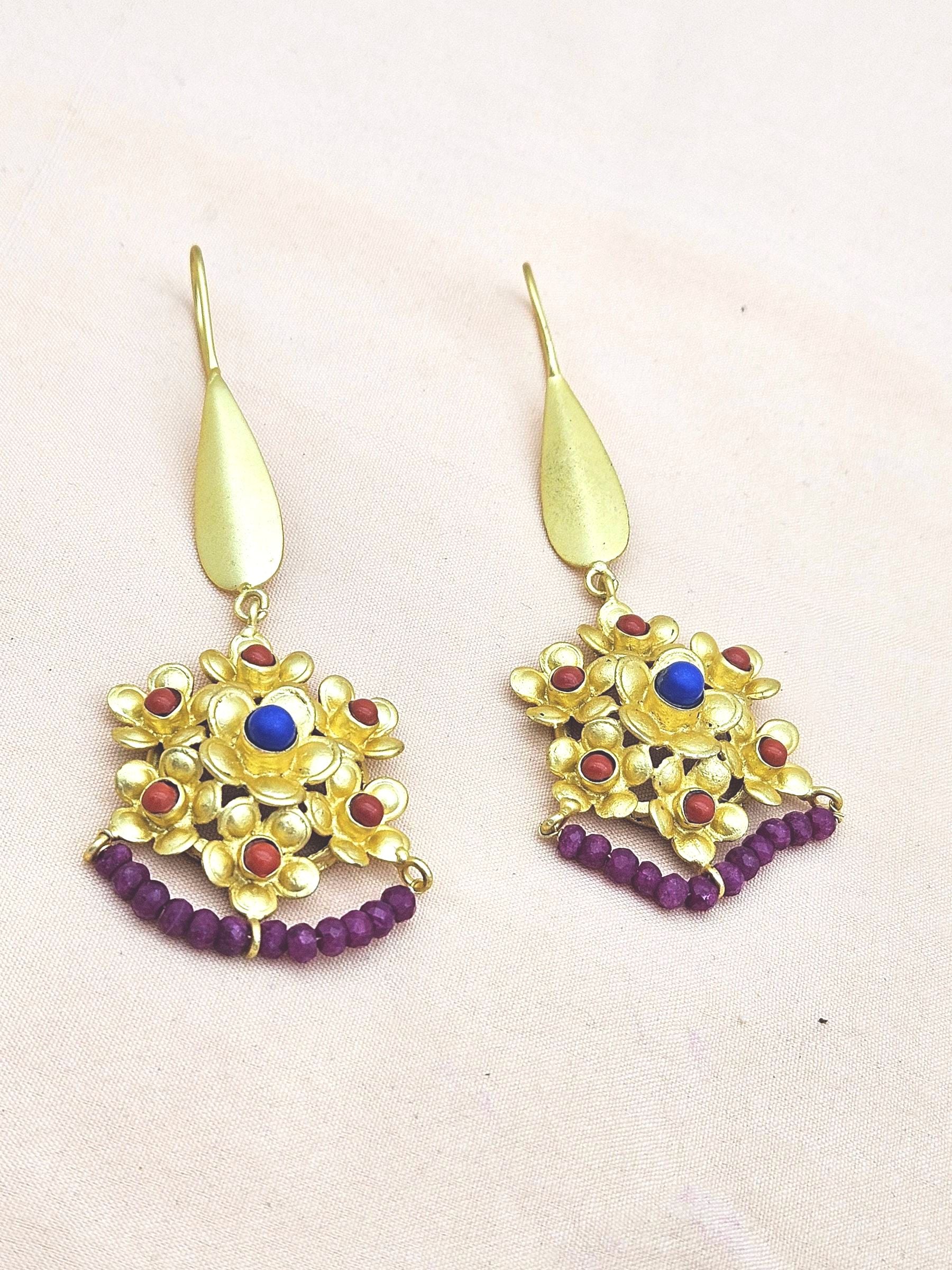 Amazing Gold plated Coral & Blue Glass - Red Hathipara Beads Charming Designer Dangle Drop Earrings