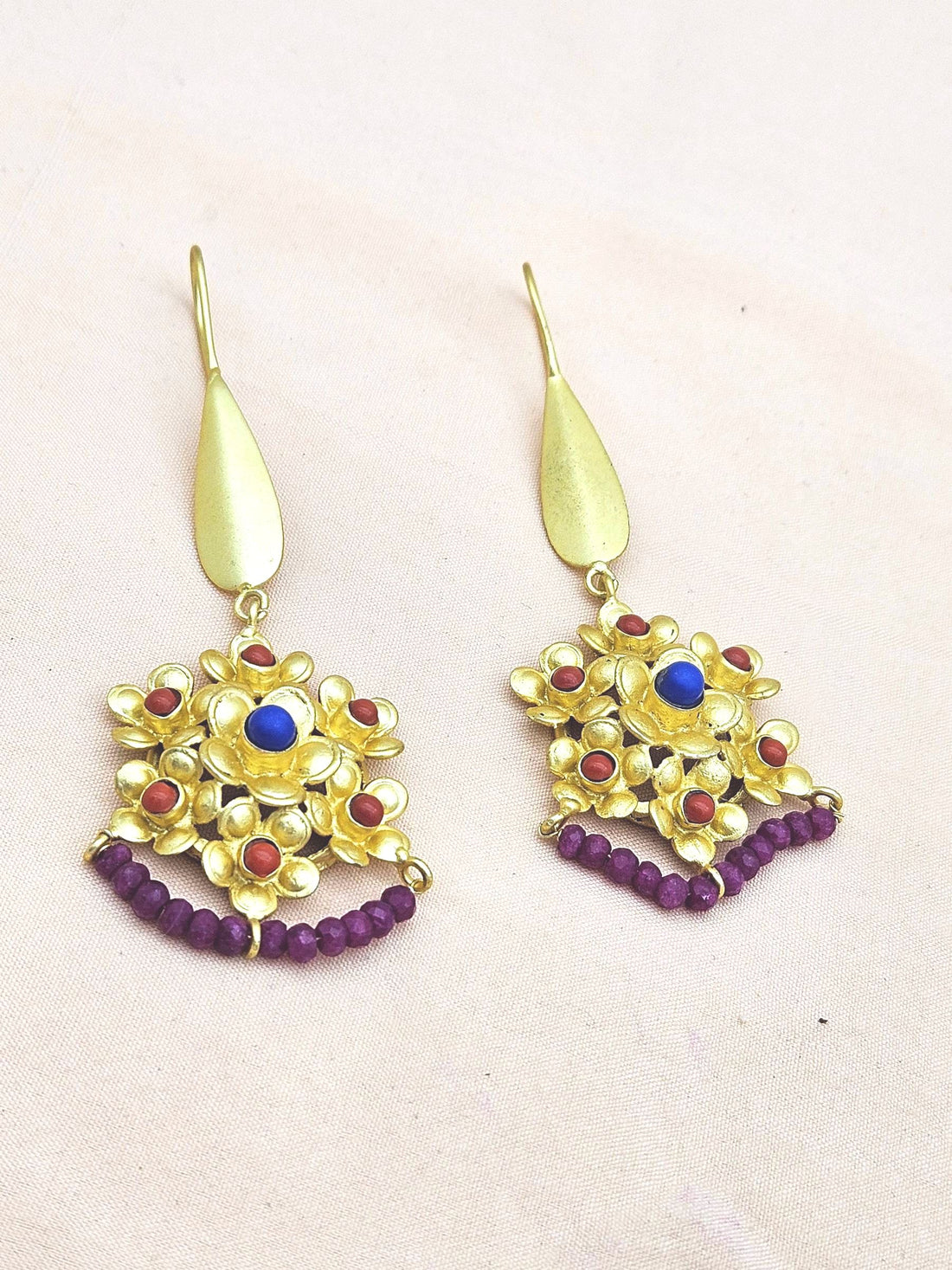 Amazing Gold plated Coral & Blue Glass - Red Hathipara Beads Charming Designer Dangle Drop Earrings