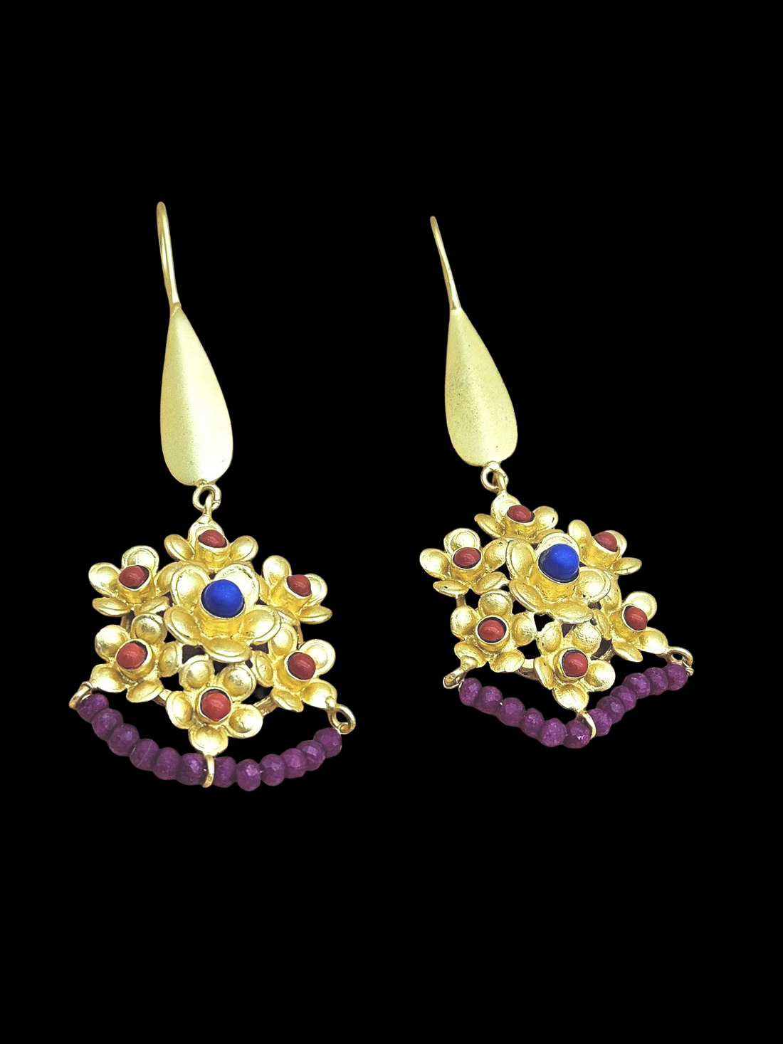 Amazing Gold plated Coral & Blue Glass - Red Hathipara Beads Charming Designer Dangle Drop Earrings