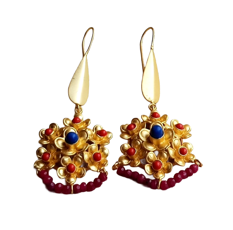 Amazing Gold plated Coral & Blue Glass - Red Hathipara Beads Charming Designer Dangle Drop Earrings