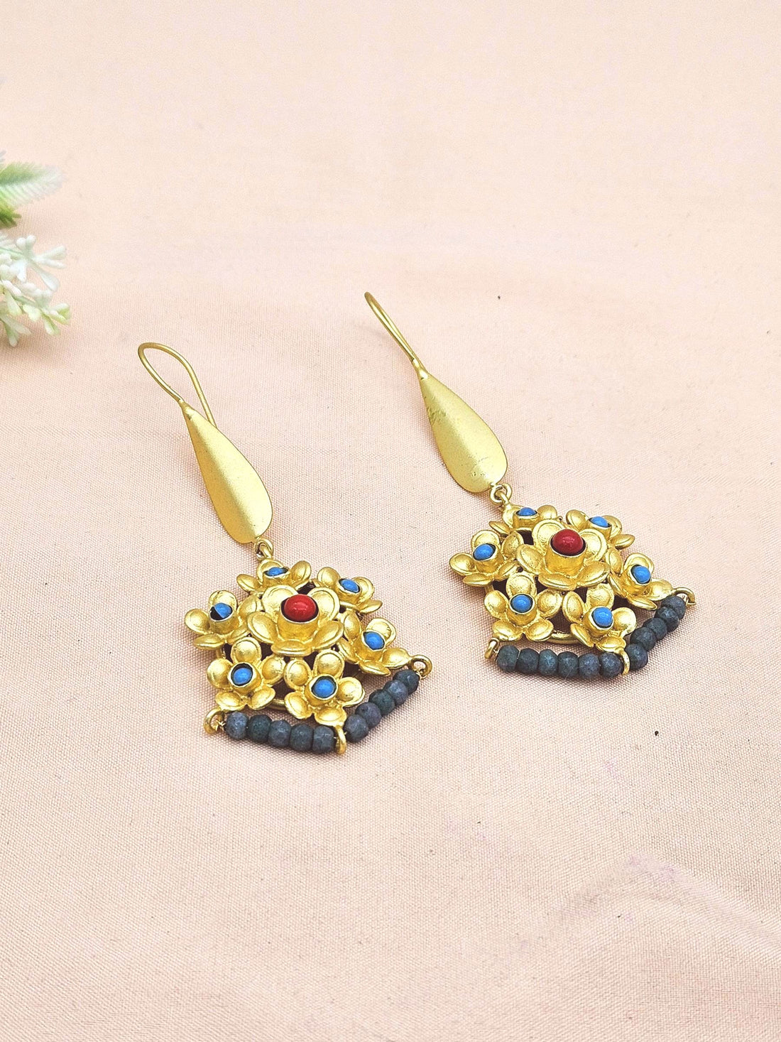 Amazing Gold plated Coral & Blue Glass - Green Hathipara Beads Charming Designer Dangle Drop Earrings