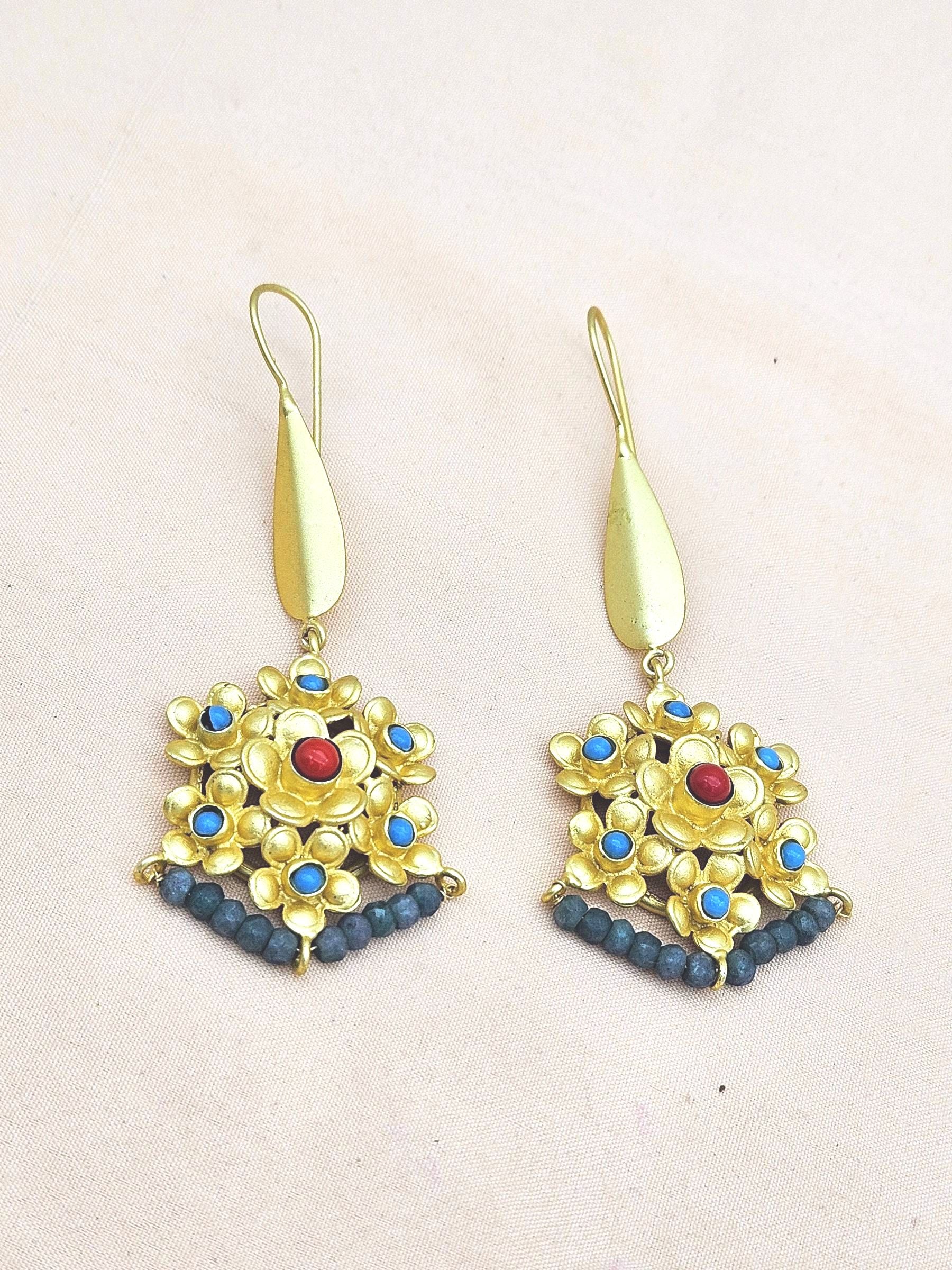 Amazing Gold plated Coral & Blue Glass - Green Hathipara Beads Charming Designer Dangle Drop Earrings