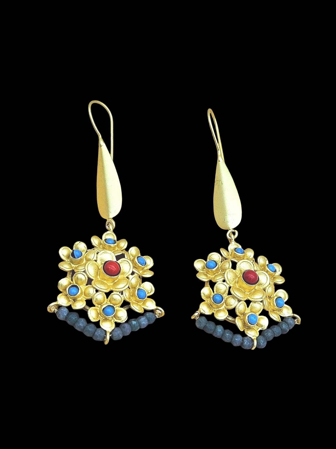 Amazing Gold plated Coral & Blue Glass - Green Hathipara Beads Charming Designer Dangle Drop Earrings