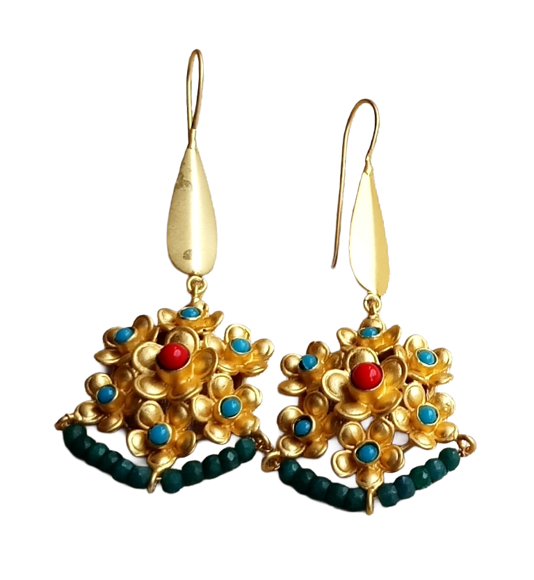 Amazing Gold plated Coral & Blue Glass - Green Hathipara Beads Charming Designer Dangle Drop Earrings