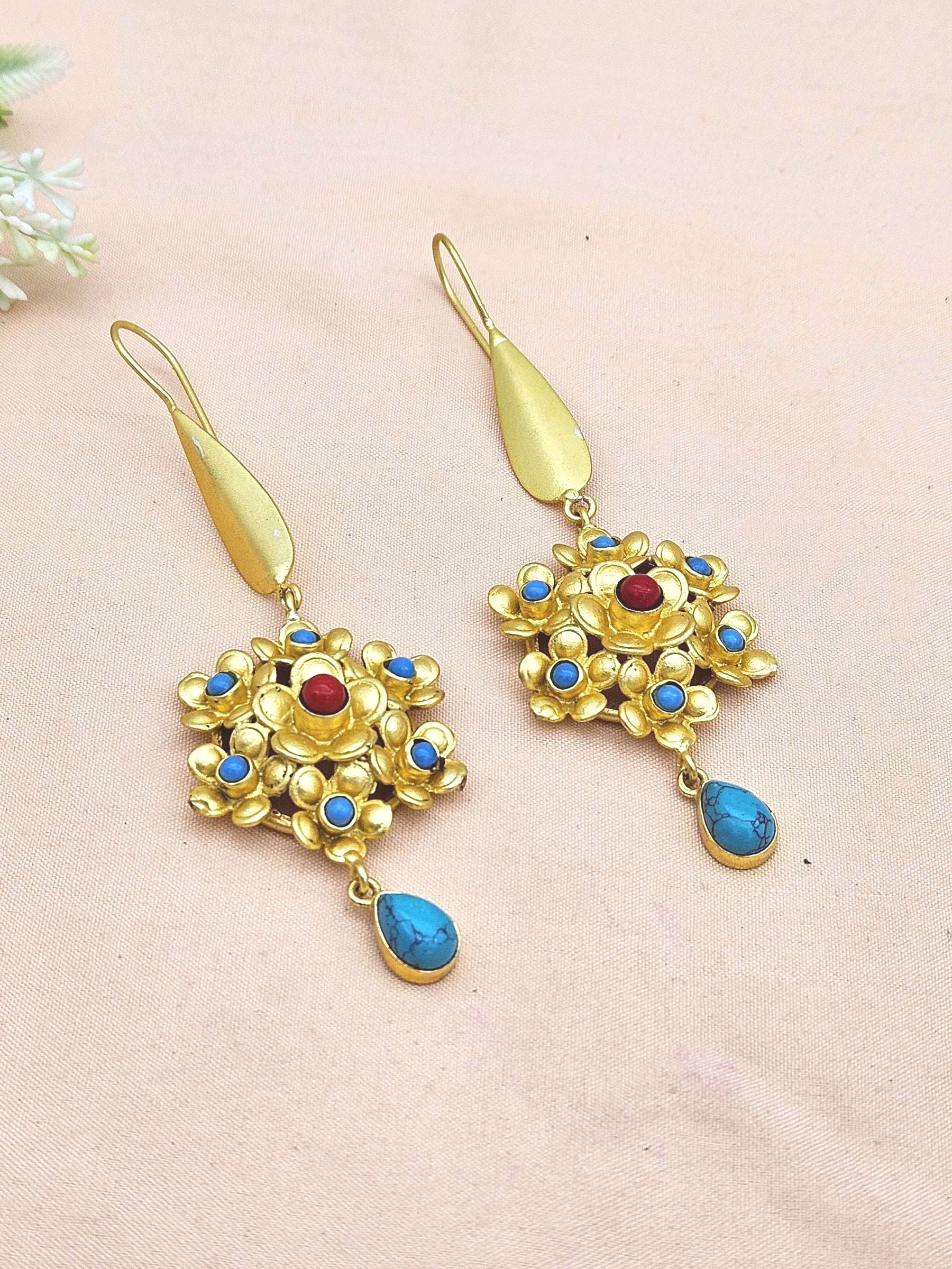 Amazing Gold plated Coral & Blue Glass - Turquoise Stone Charming Designer Dangle Drop Earrings