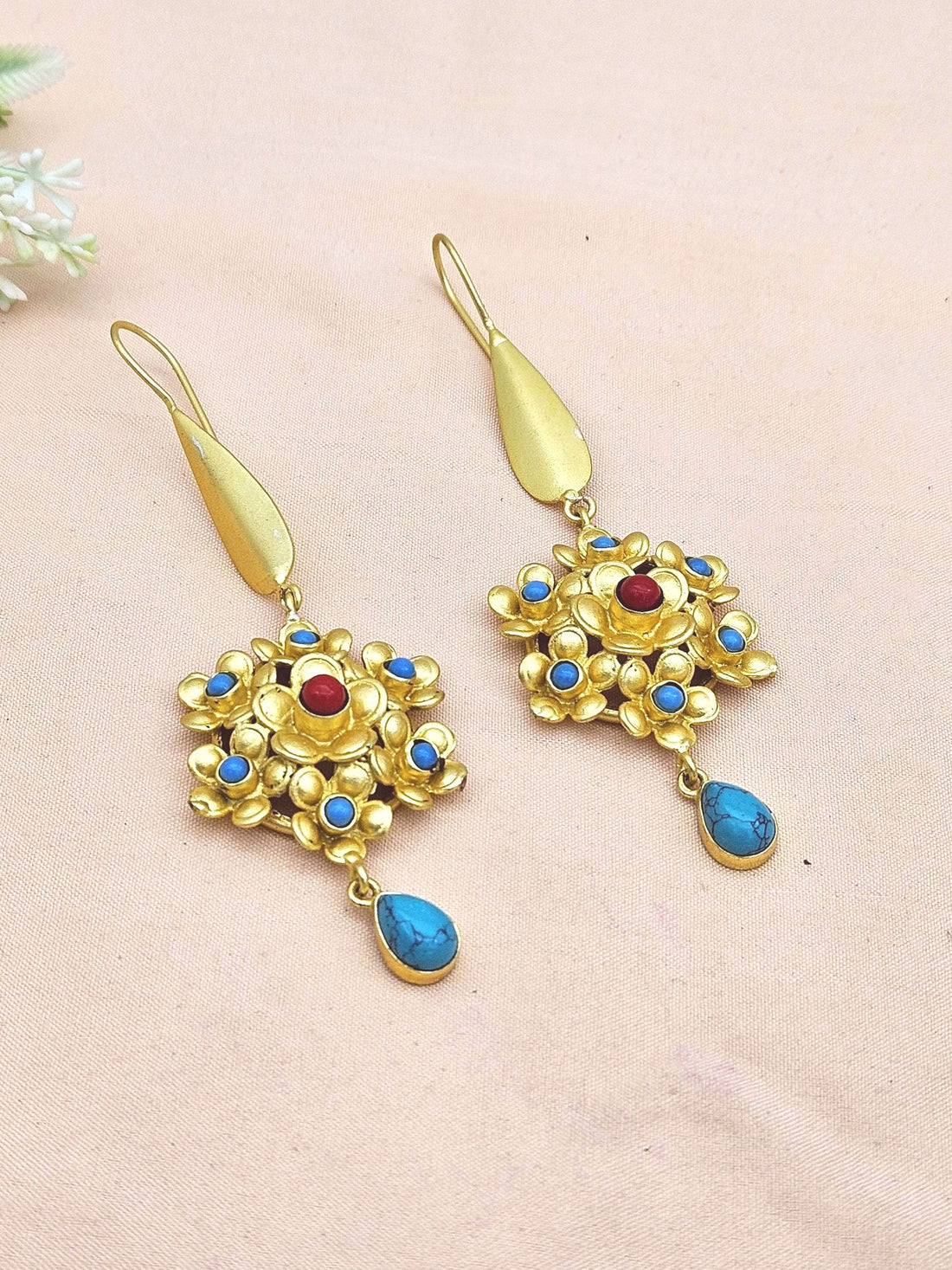 Amazing Gold plated Coral & Blue Glass - Turquoise Stone Charming Designer Dangle Drop Earrings