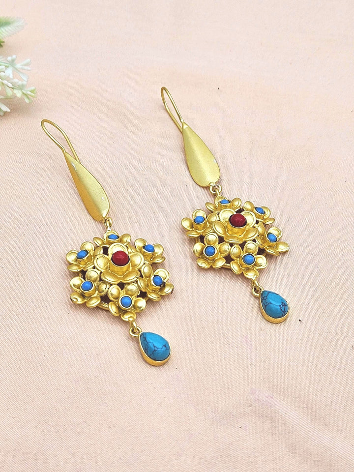 Amazing Gold plated Coral & Blue Glass - Turquoise Stone Charming Designer Dangle Drop Earrings