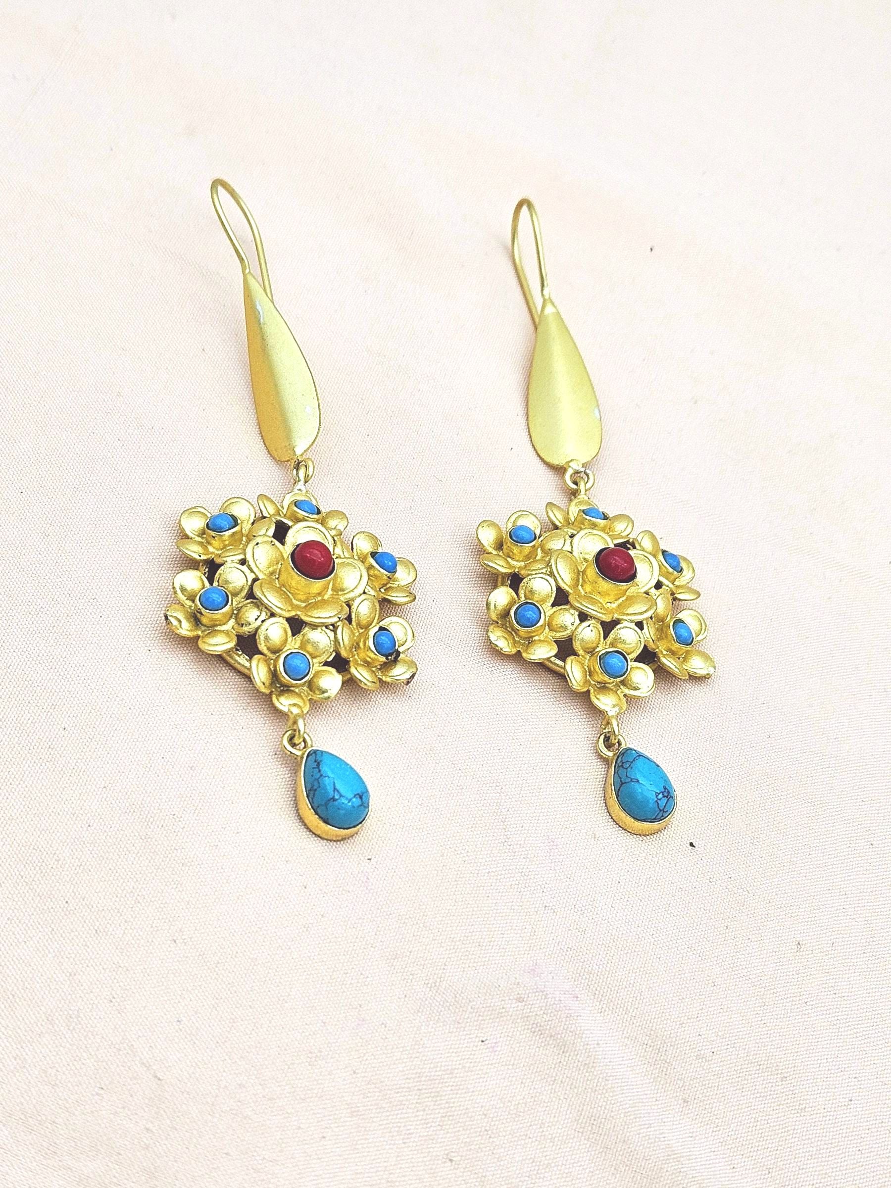 Amazing Gold plated Coral & Blue Glass - Turquoise Stone Charming Designer Dangle Drop Earrings