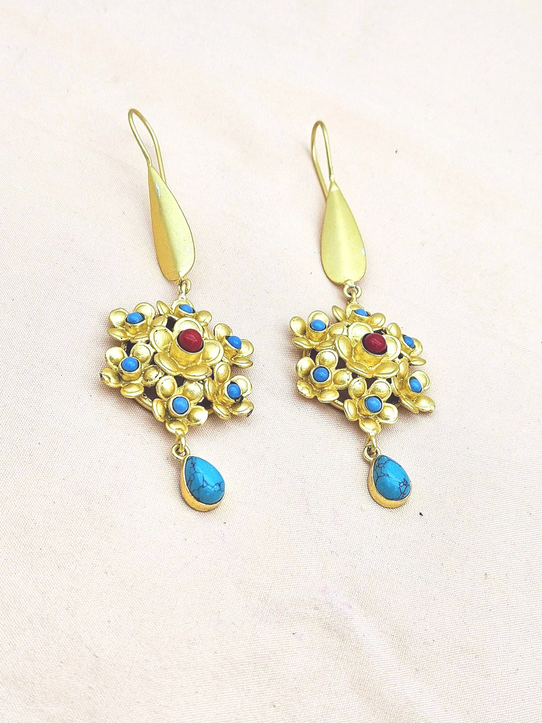 Amazing Gold plated Coral & Blue Glass - Turquoise Stone Charming Designer Dangle Drop Earrings