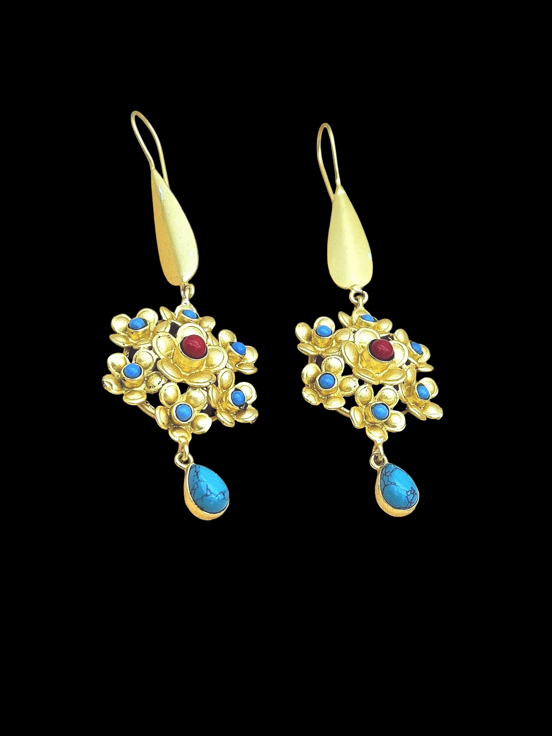 Amazing Gold plated Coral & Blue Glass - Turquoise Stone Charming Designer Dangle Drop Earrings