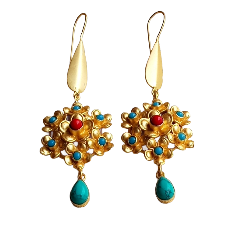 Amazing Gold plated Coral & Blue Glass - Turquoise Stone Charming Designer Dangle Drop Earrings