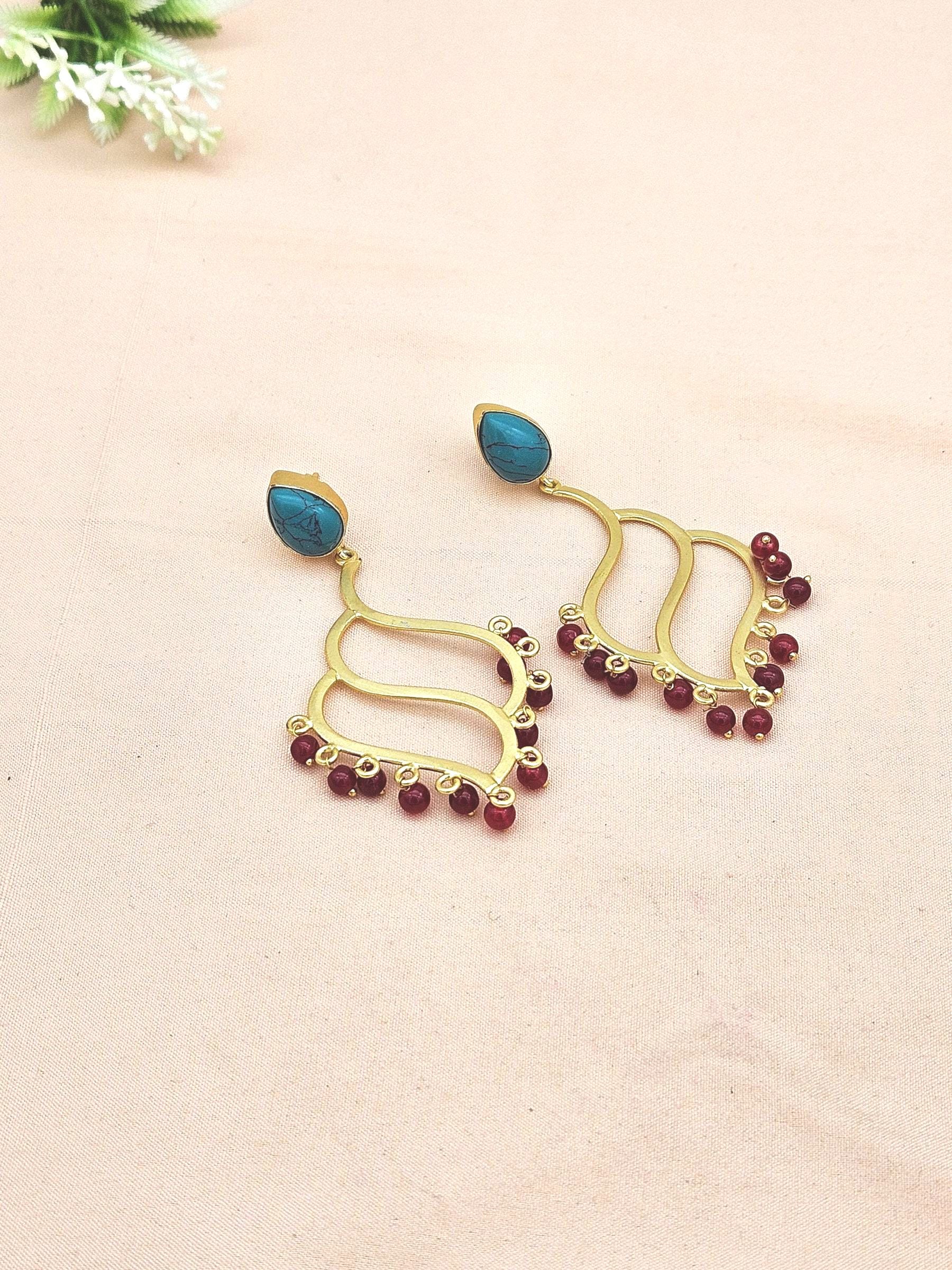 Charming Gold plated Synthetic Turquoise-Red Glass Beads Floral Designer Dangle Drop Earrings