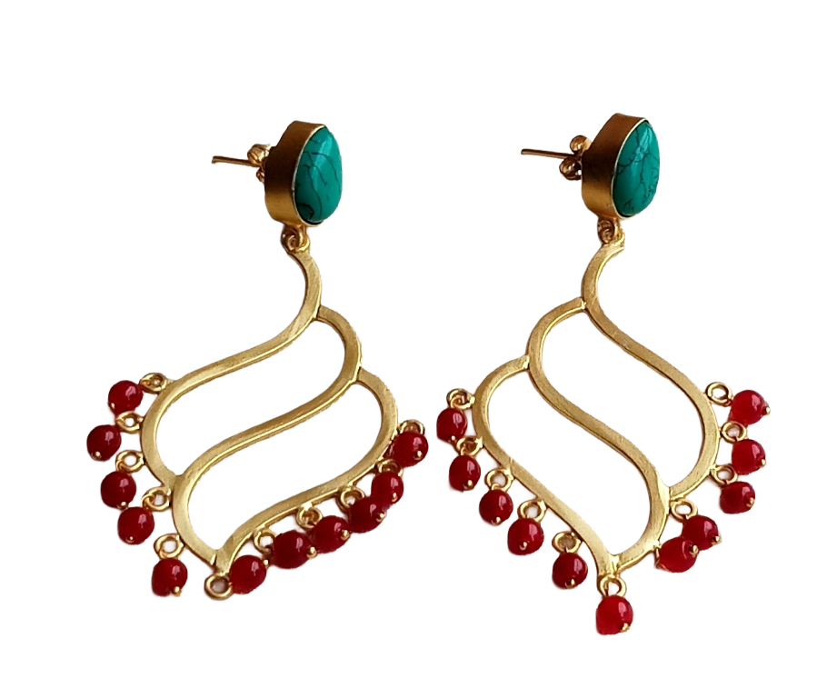Charming Gold plated Synthetic Turquoise-Red Glass Beads Floral Designer Dangle Drop Earrings
