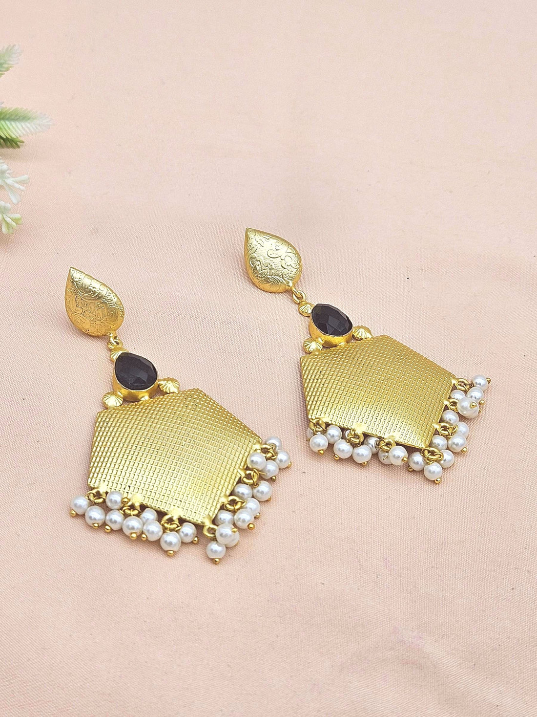 Amazing Gold plated Black Onyx- Pearl Stone Cute Designer Dangle Drop Earrings