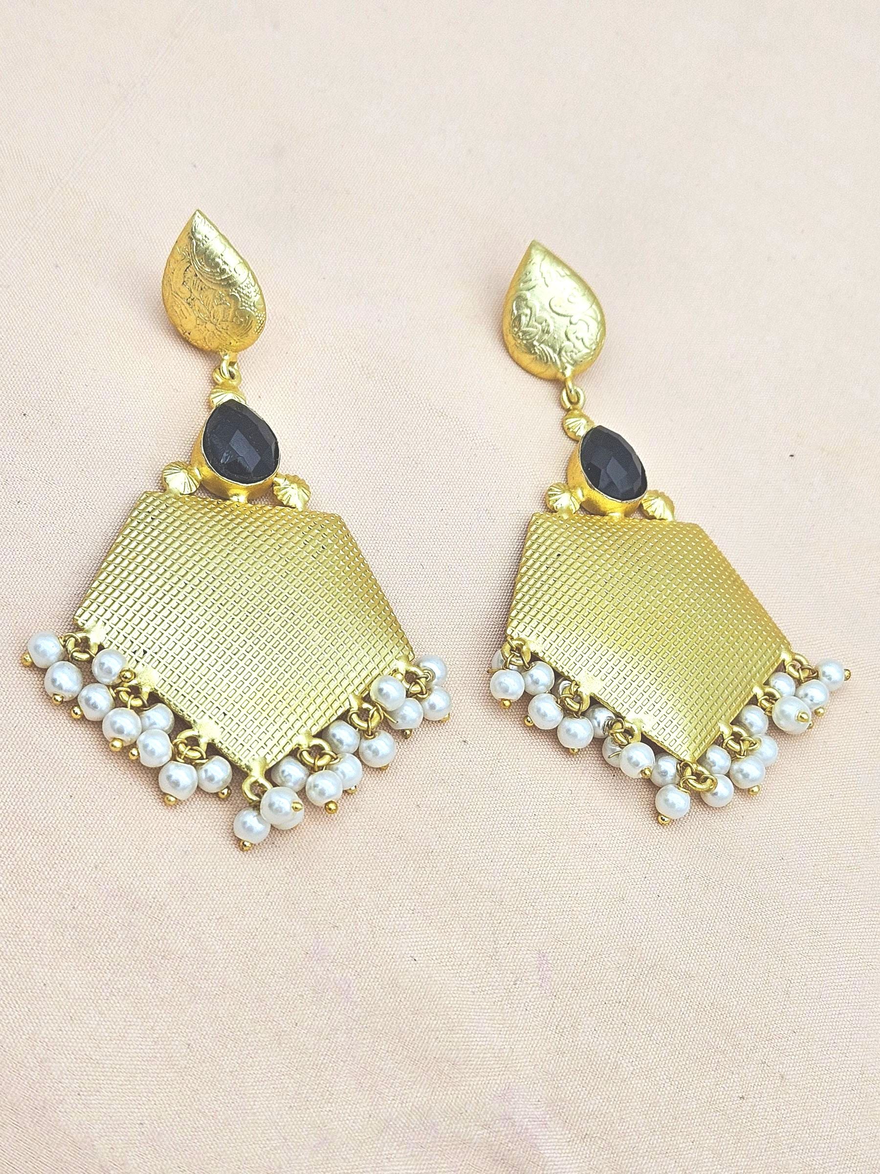 Amazing Gold plated Black Onyx- Pearl Stone Cute Designer Dangle Drop Earrings