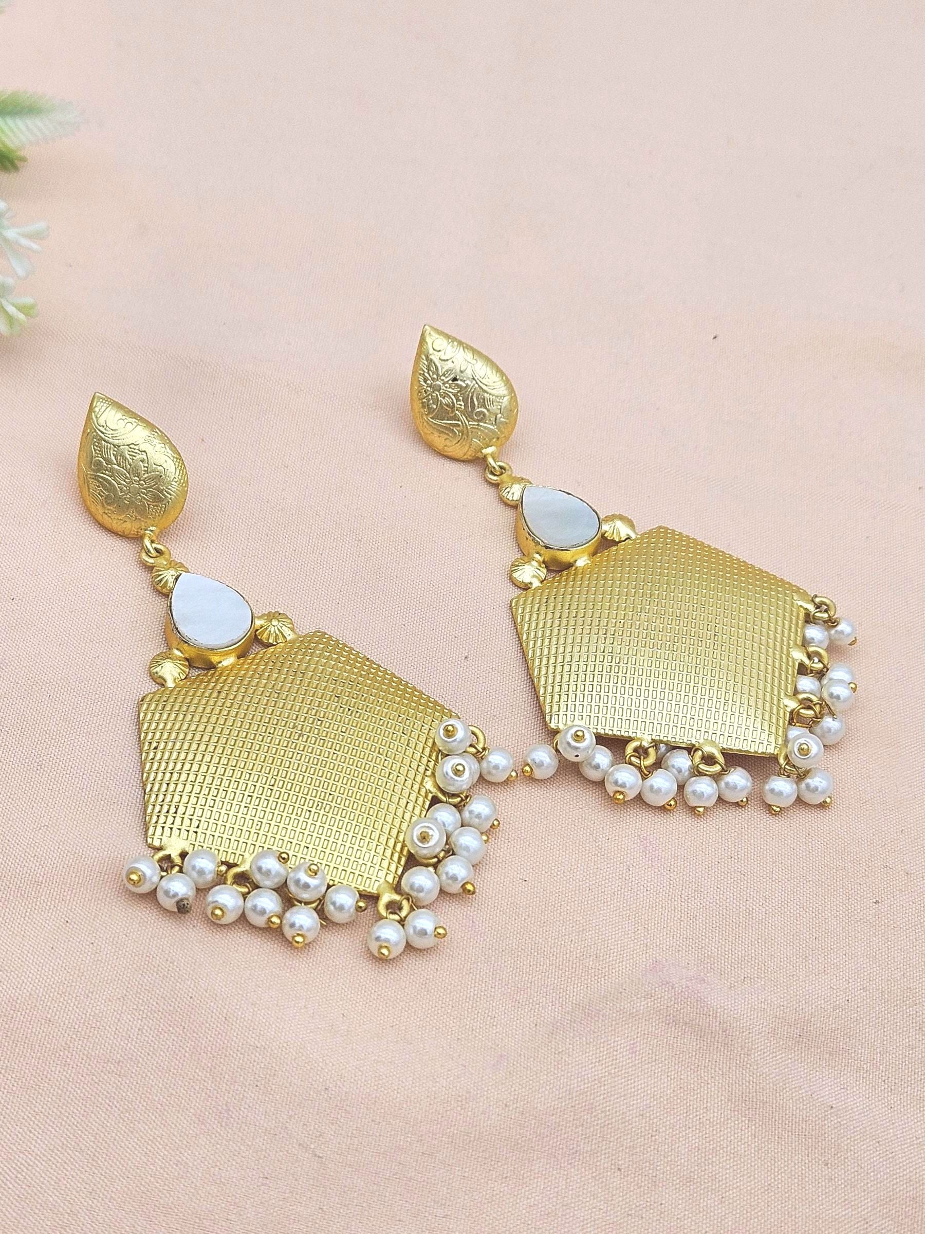 Amazing Gold plated MOP - Pearl Stone Cute Designer Dangle Drop Earrings