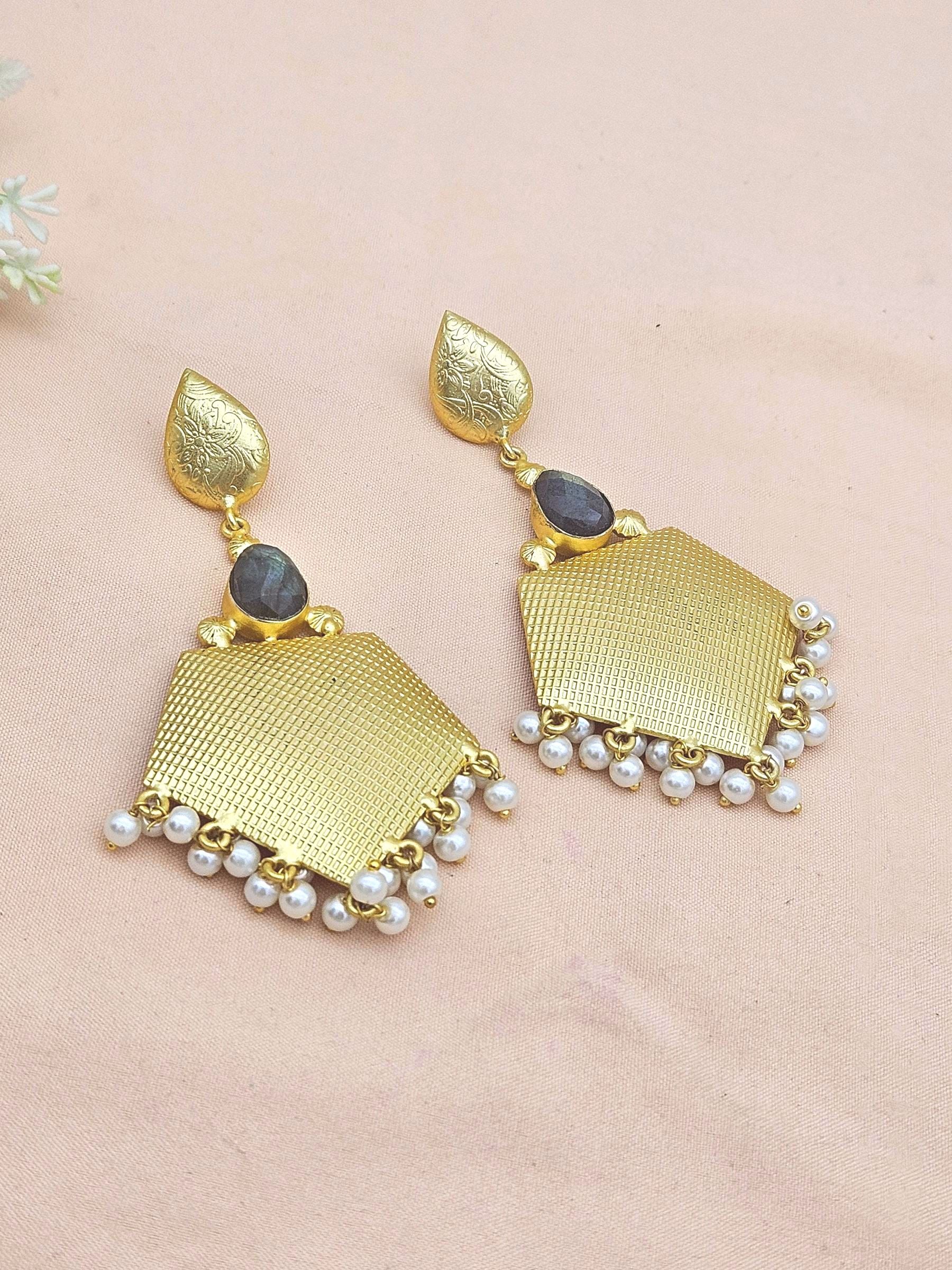 Amazing Gold plated Labradorite- Pearl Stone Cute Designer Dangle Drop Earrings