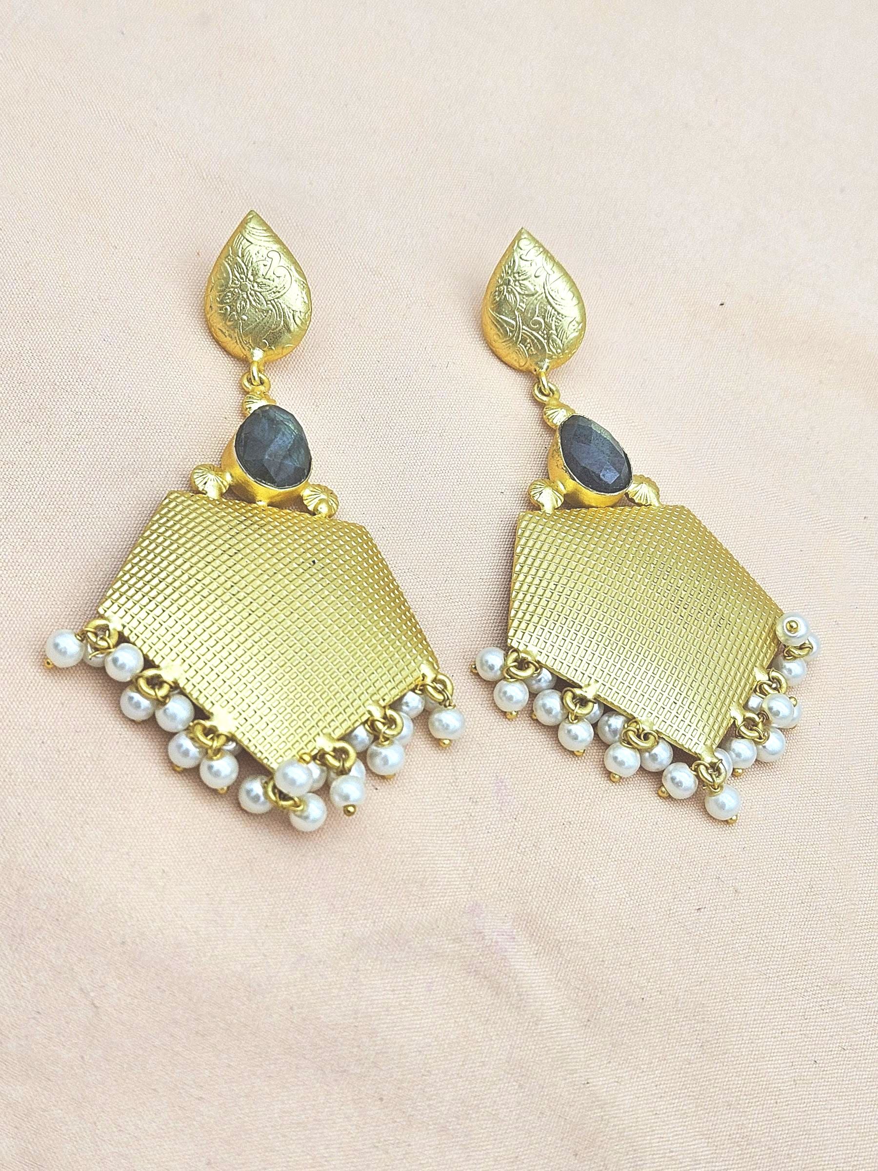 Amazing Gold plated Labradorite- Pearl Stone Cute Designer Dangle Drop Earrings