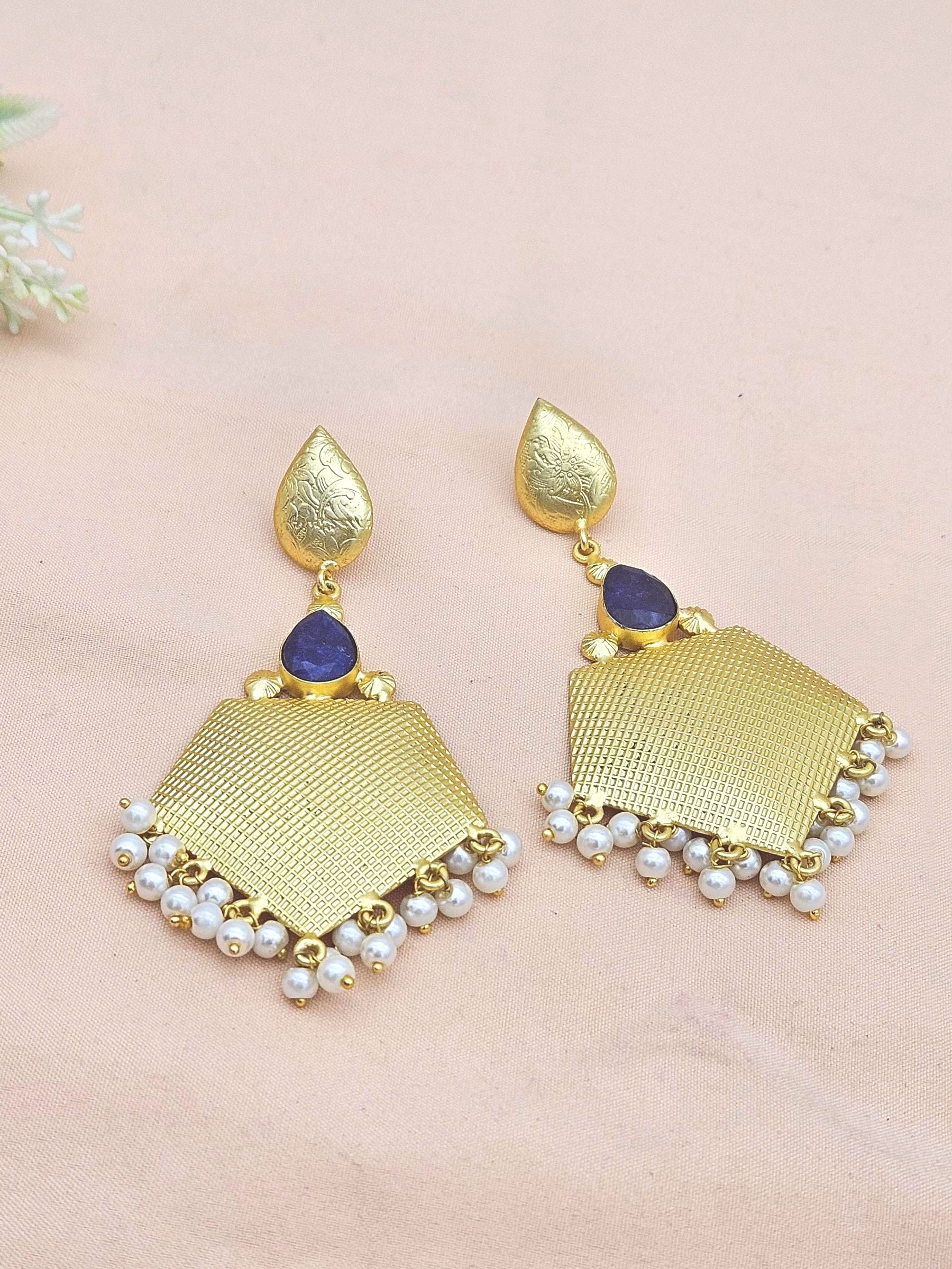Amazing Gold plated Blue Hathipara- Pearl Stone Cute Designer Dangle Drop Earrings