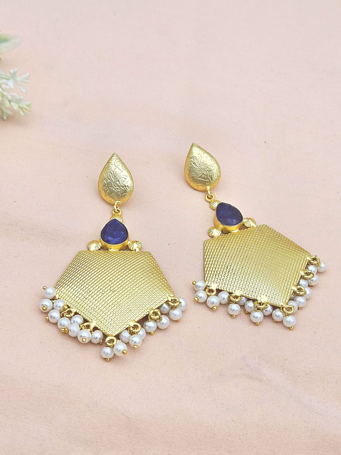 Amazing Gold plated Blue Hathipara- Pearl Stone Cute Designer Dangle Drop Earrings