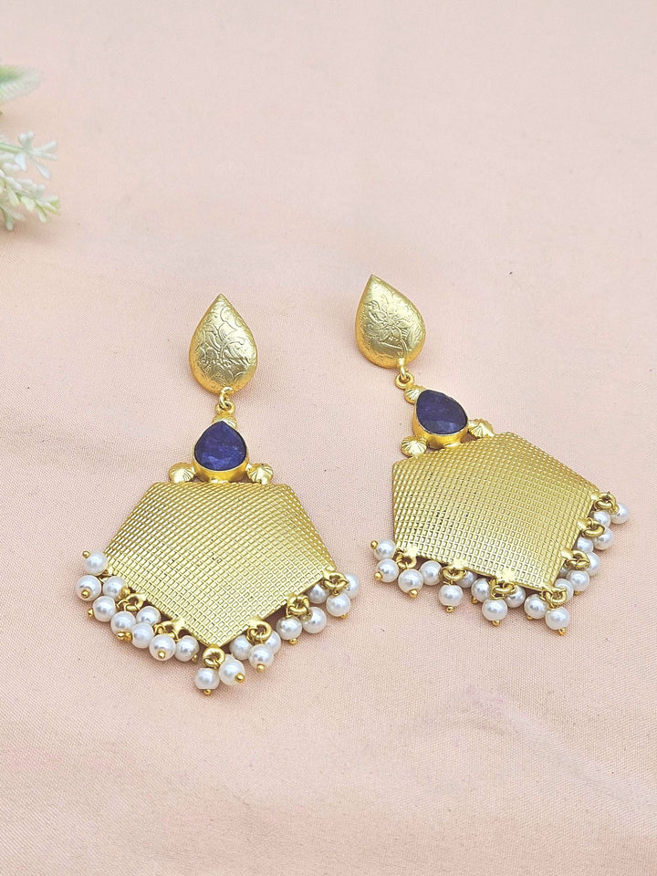 Amazing Gold plated Blue Hathipara- Pearl Stone Cute Designer Dangle Drop Earrings