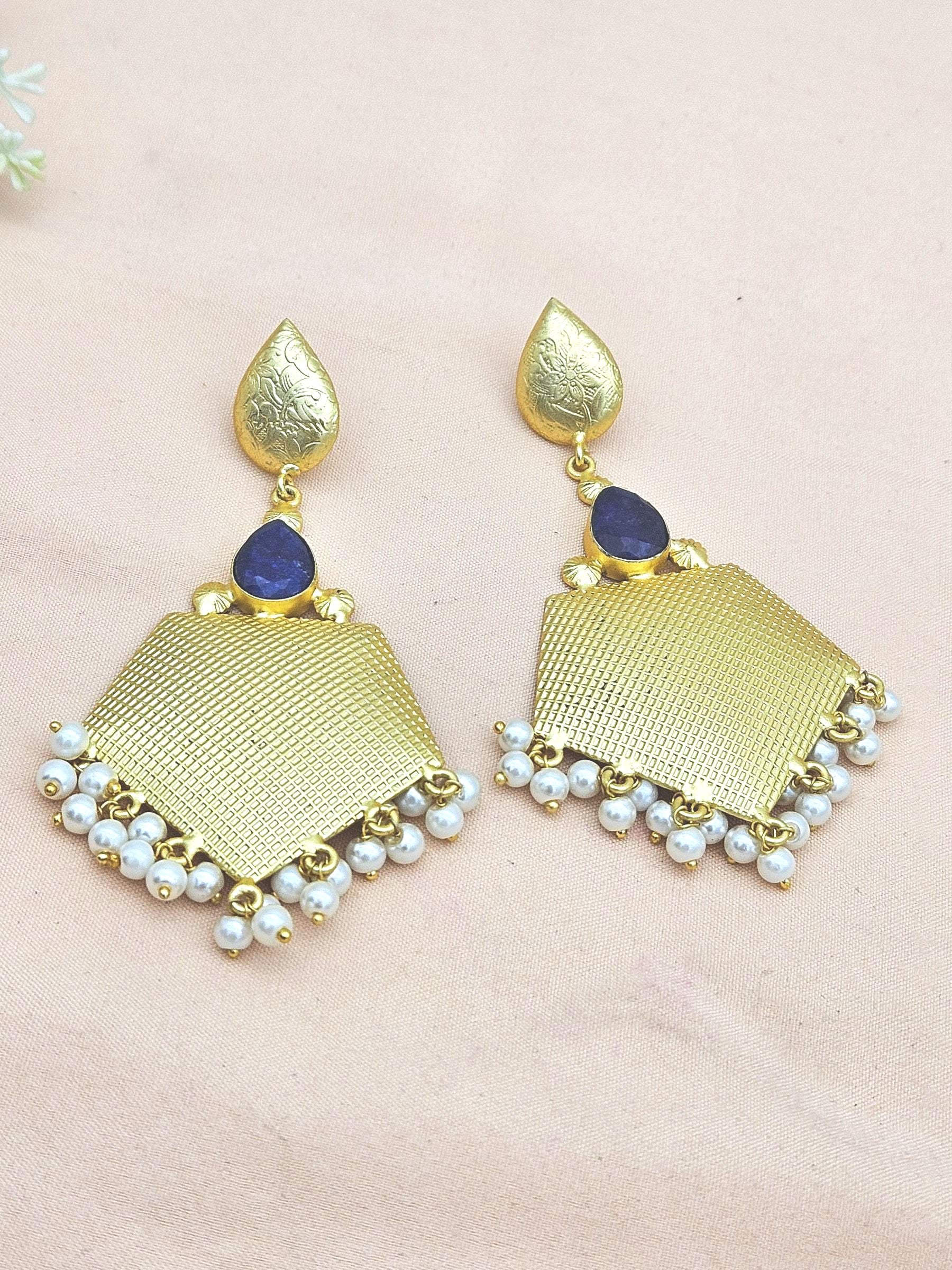 Amazing Gold plated Blue Hathipara- Pearl Stone Cute Designer Dangle Drop Earrings