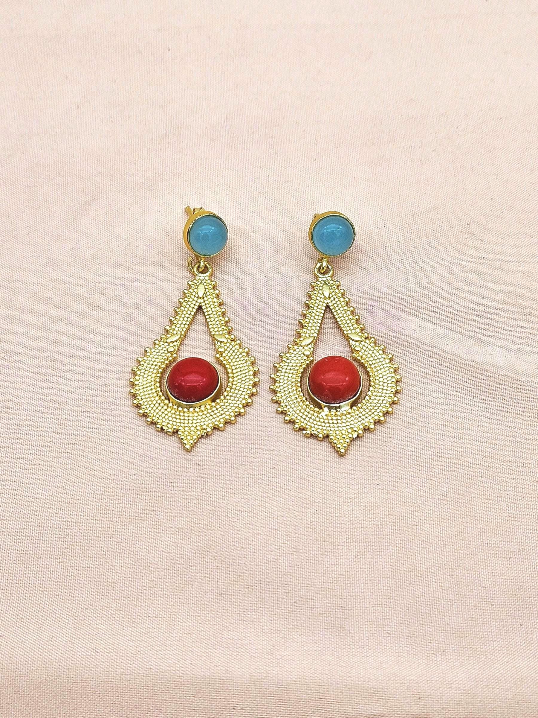 Attractive Gold plated Chalcedony Coral Stone Charming Designer Dangle Drop Earrings