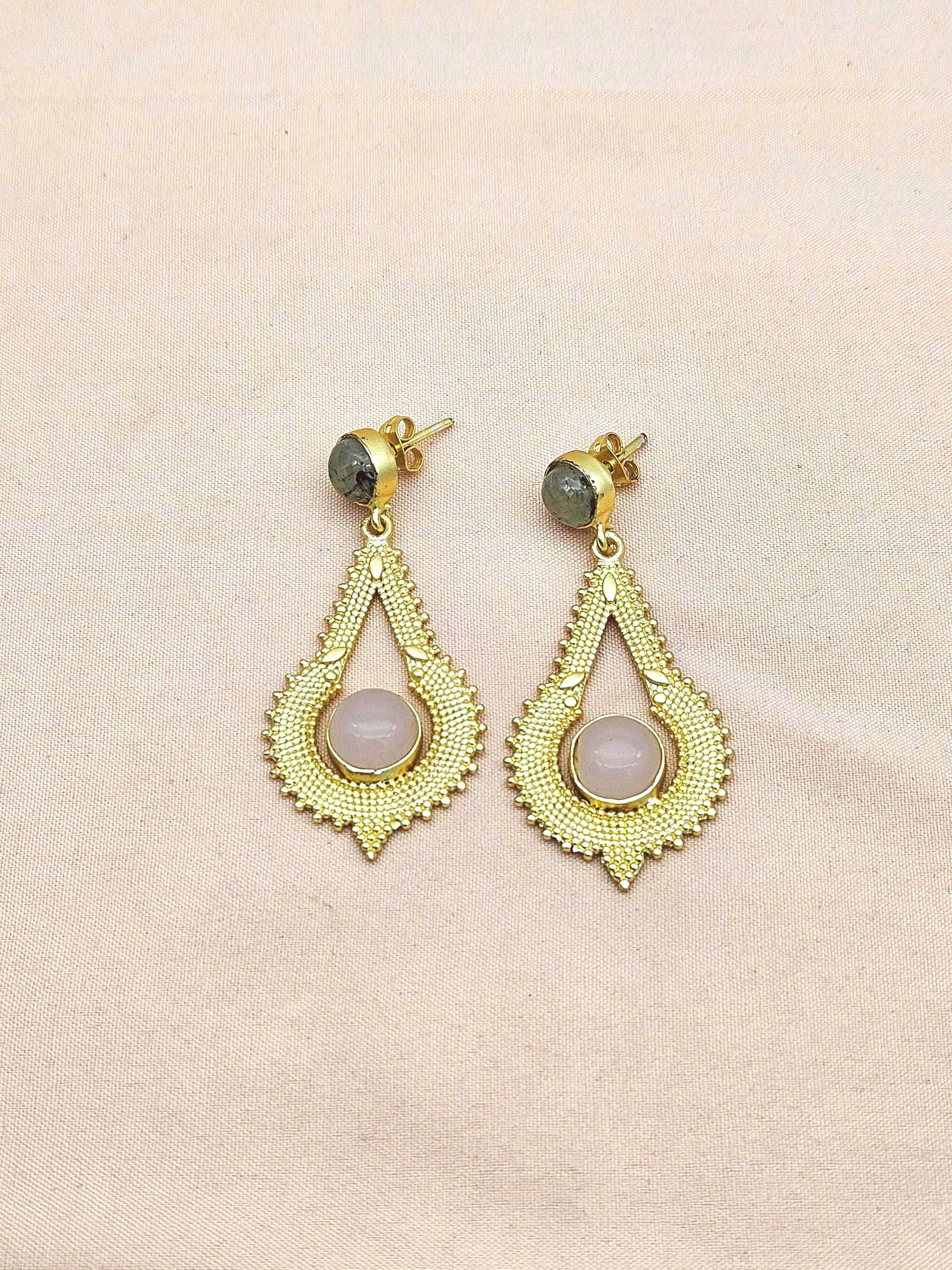 Attractive Gold plated Prehnite Rose Quartz Stone Charming Designer Dangle Drop Earrings