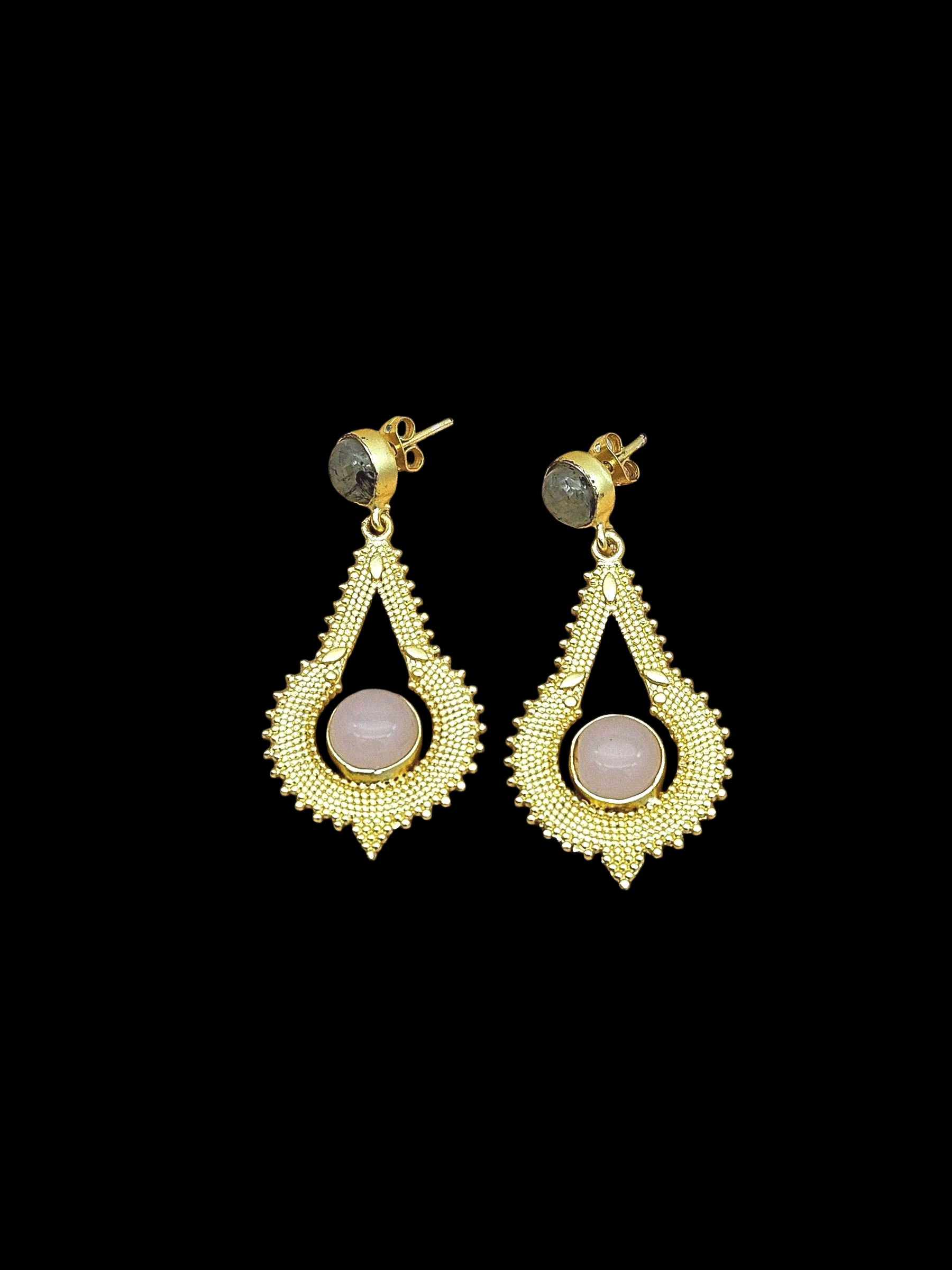 Attractive Gold plated Prehnite Rose Quartz Stone Charming Designer Dangle Drop Earrings