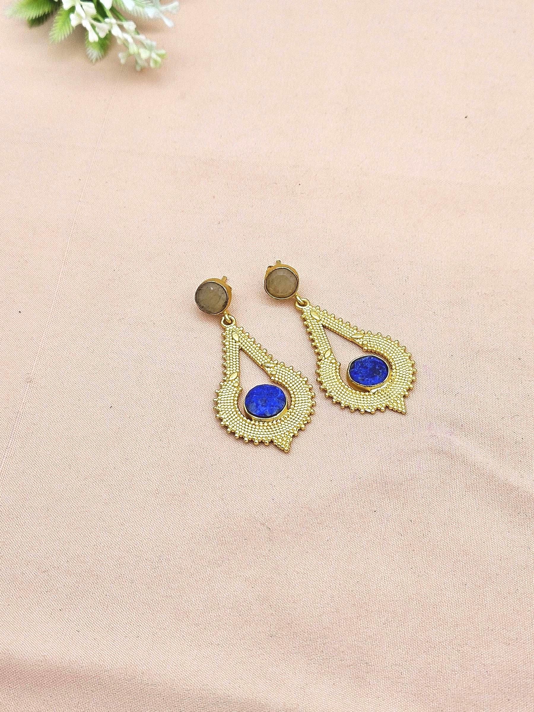 Attractive Gold plated Chalcedony-Blue Beryl Stone Charming Designer Dangle Drop Earrings