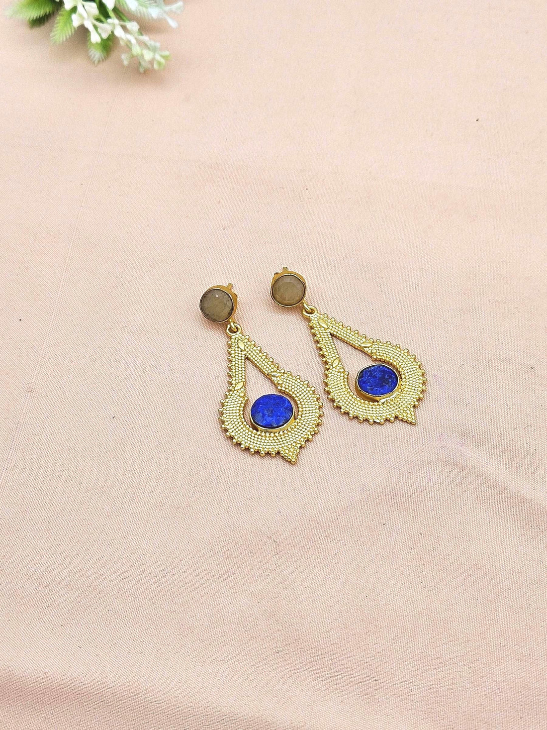 Attractive Gold plated Chalcedony-Blue Beryl Stone Charming Designer Dangle Drop Earrings
