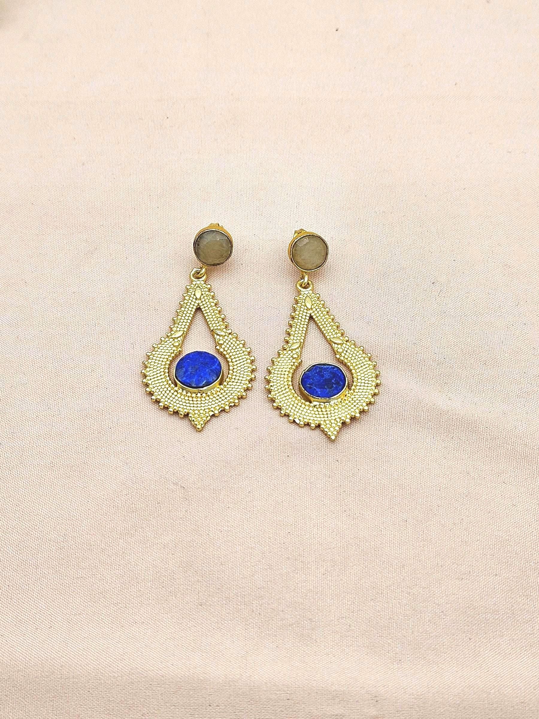 Attractive Gold plated Chalcedony-Blue Beryl Stone Charming Designer Dangle Drop Earrings