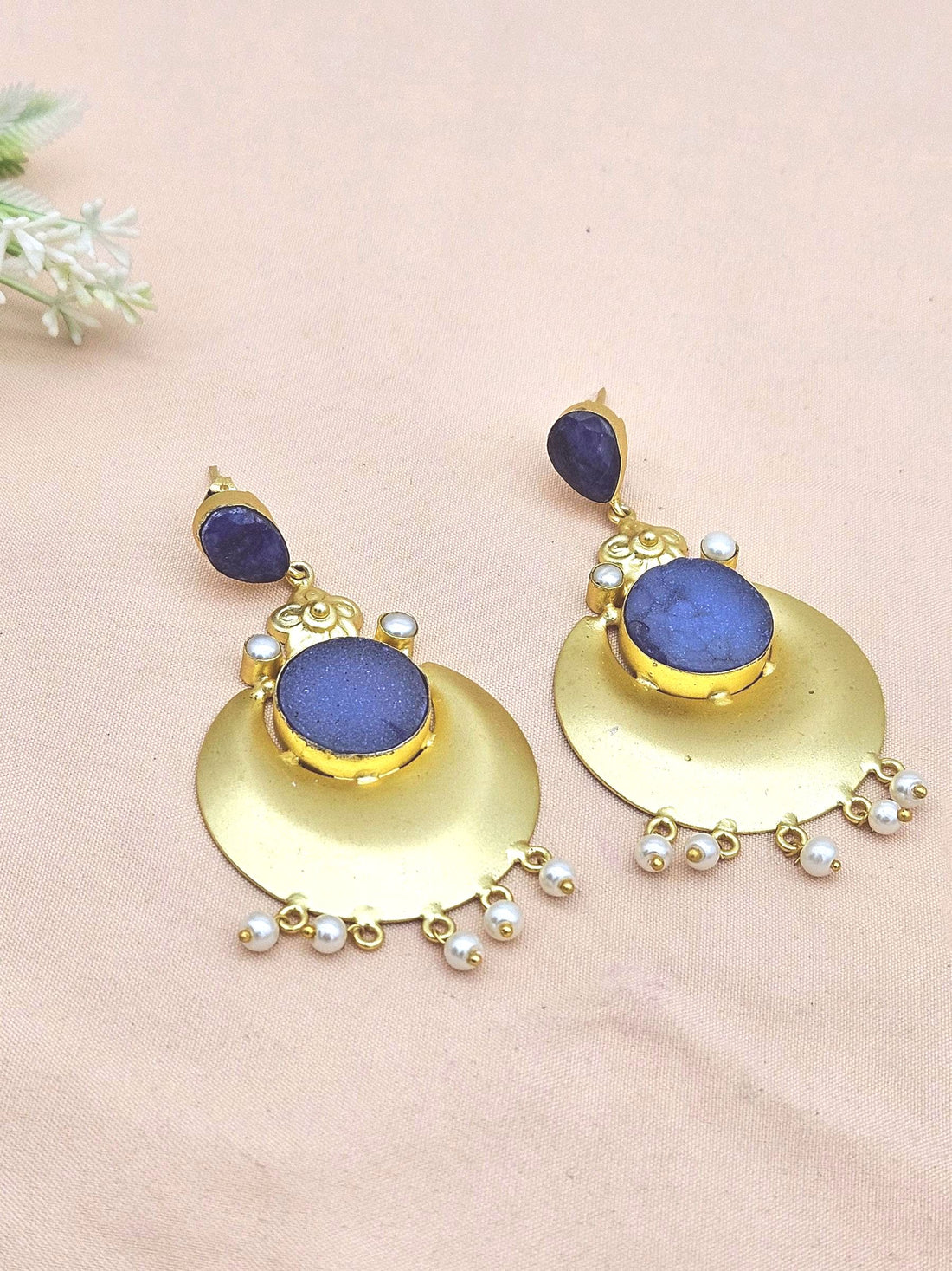 Handcrafted Gold plated Blue Hathipara-Onyx Druzy -Imitation Pearl Dangle Drop Earrings