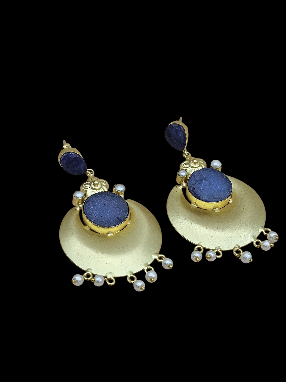 Handcrafted Gold plated Blue Hathipara-Onyx Druzy -Imitation Pearl Dangle Drop Earrings