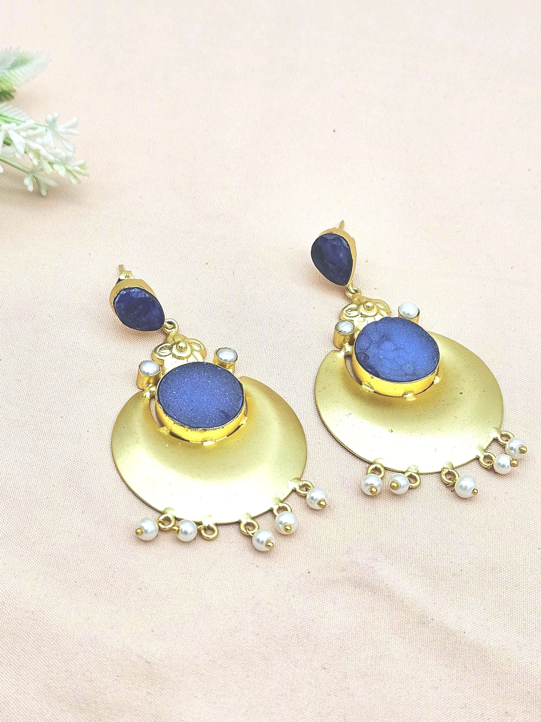 Handcrafted Gold plated Blue Hathipara-Onyx Druzy -Imitation Pearl Dangle Drop Earrings