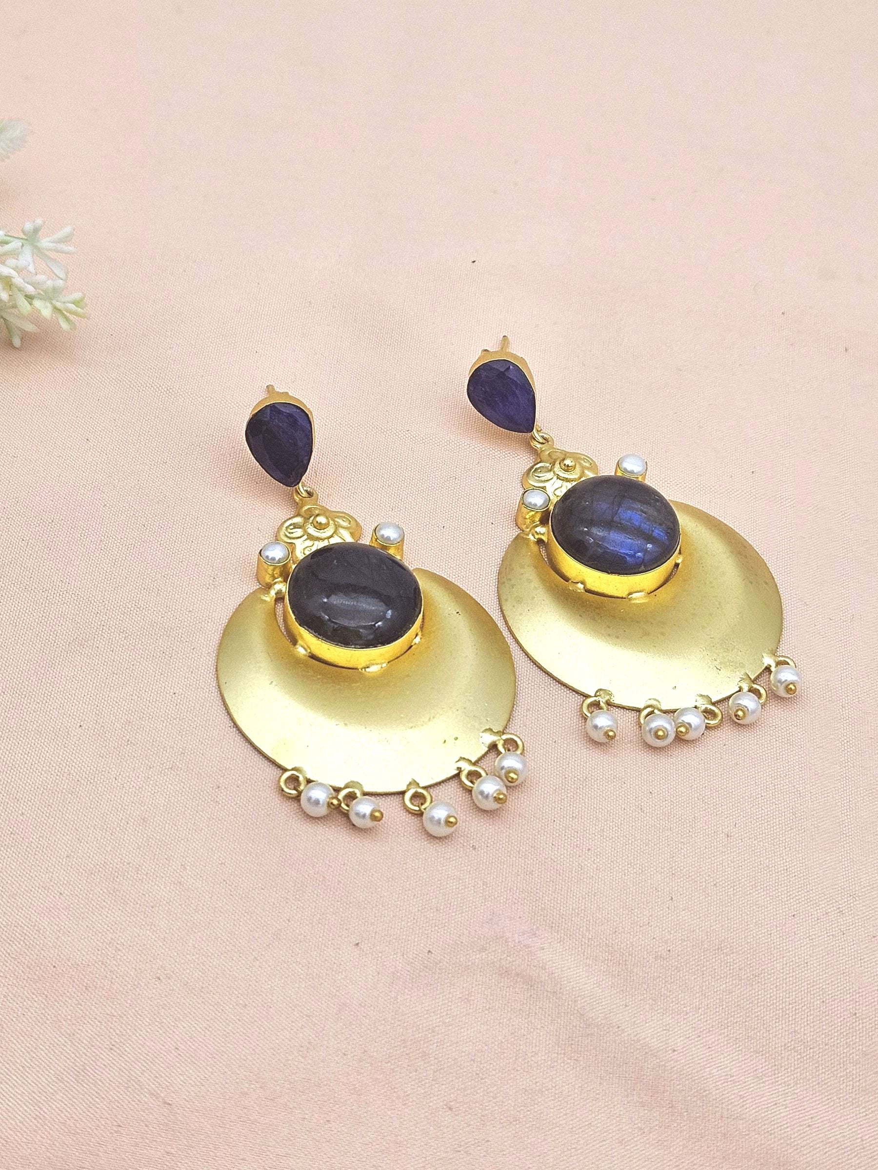 Handcrafted Gold plated Blue Hathipara-Labradorite-Pearl Dangle Drop Earrings