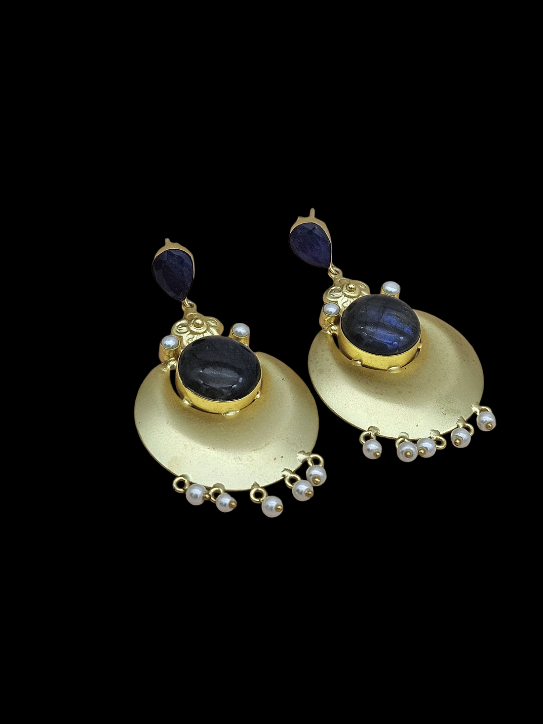 Handcrafted Gold plated Blue Hathipara-Labradorite-Pearl Dangle Drop Earrings