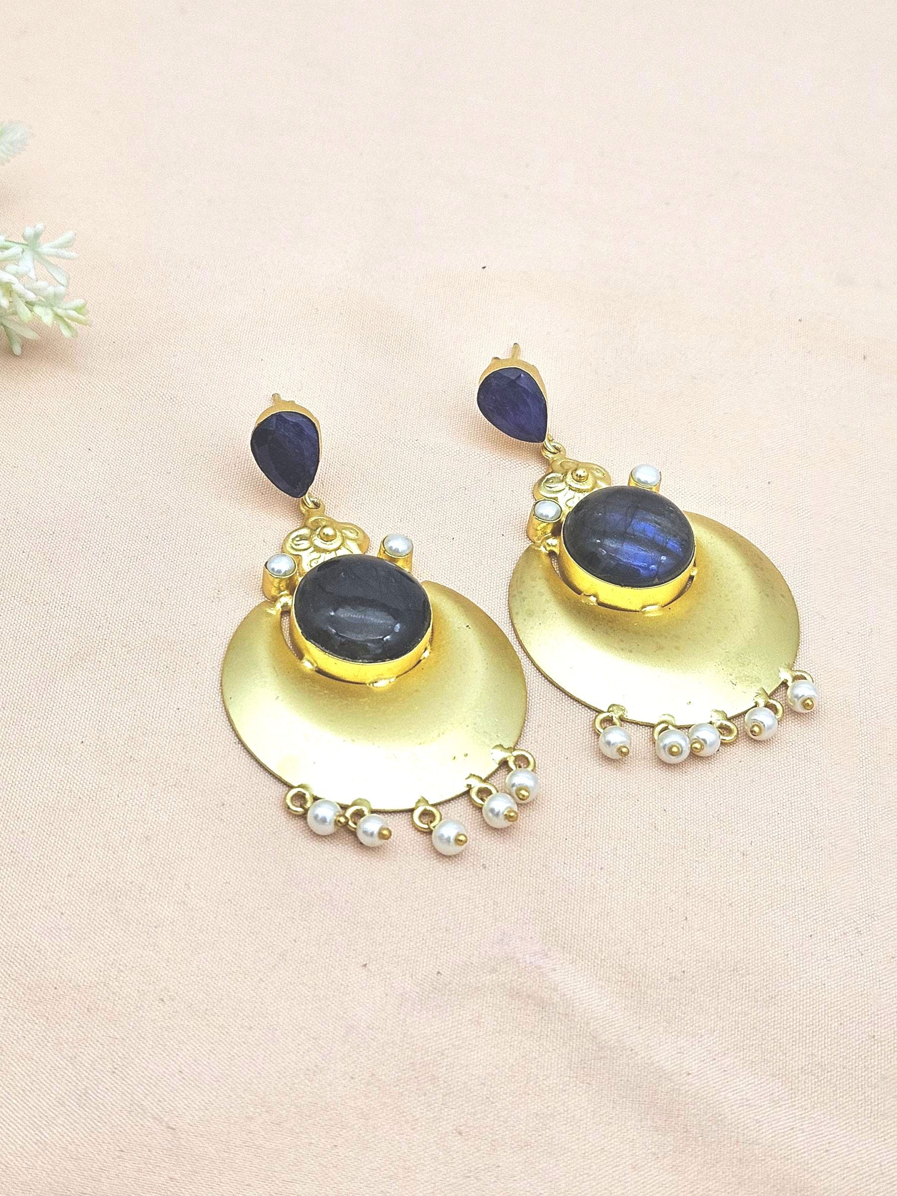 Handcrafted Gold plated Blue Hathipara-Labradorite-Pearl Dangle Drop Earrings