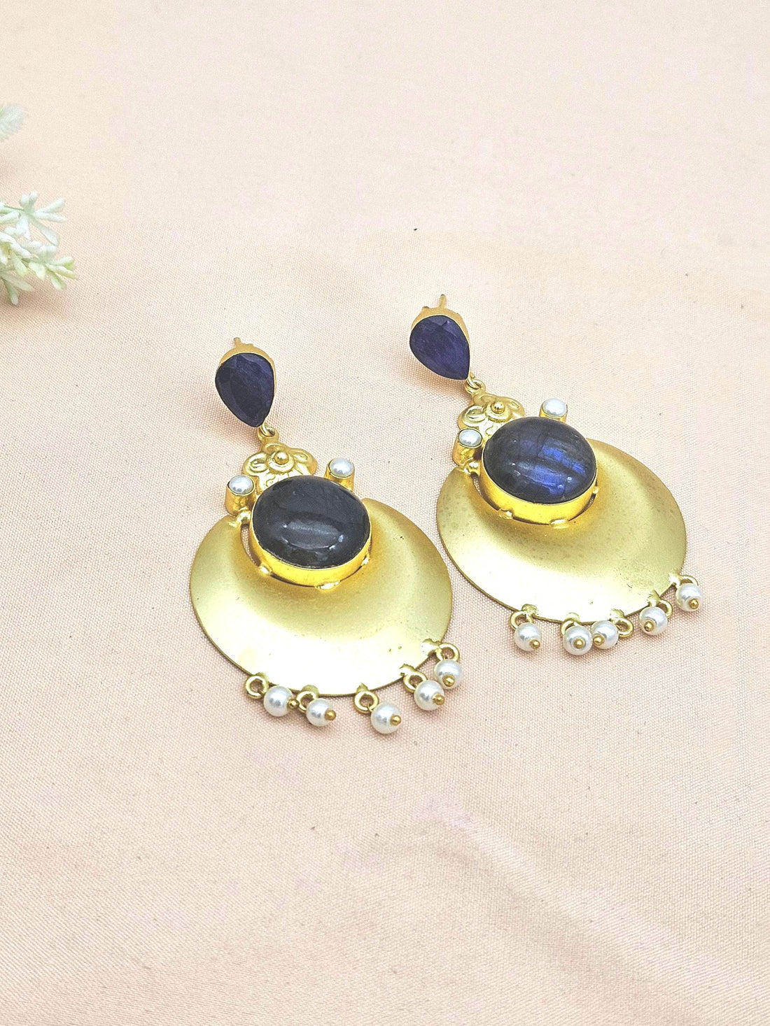 Handcrafted Gold plated Blue Hathipara-Labradorite-Pearl Dangle Drop Earrings
