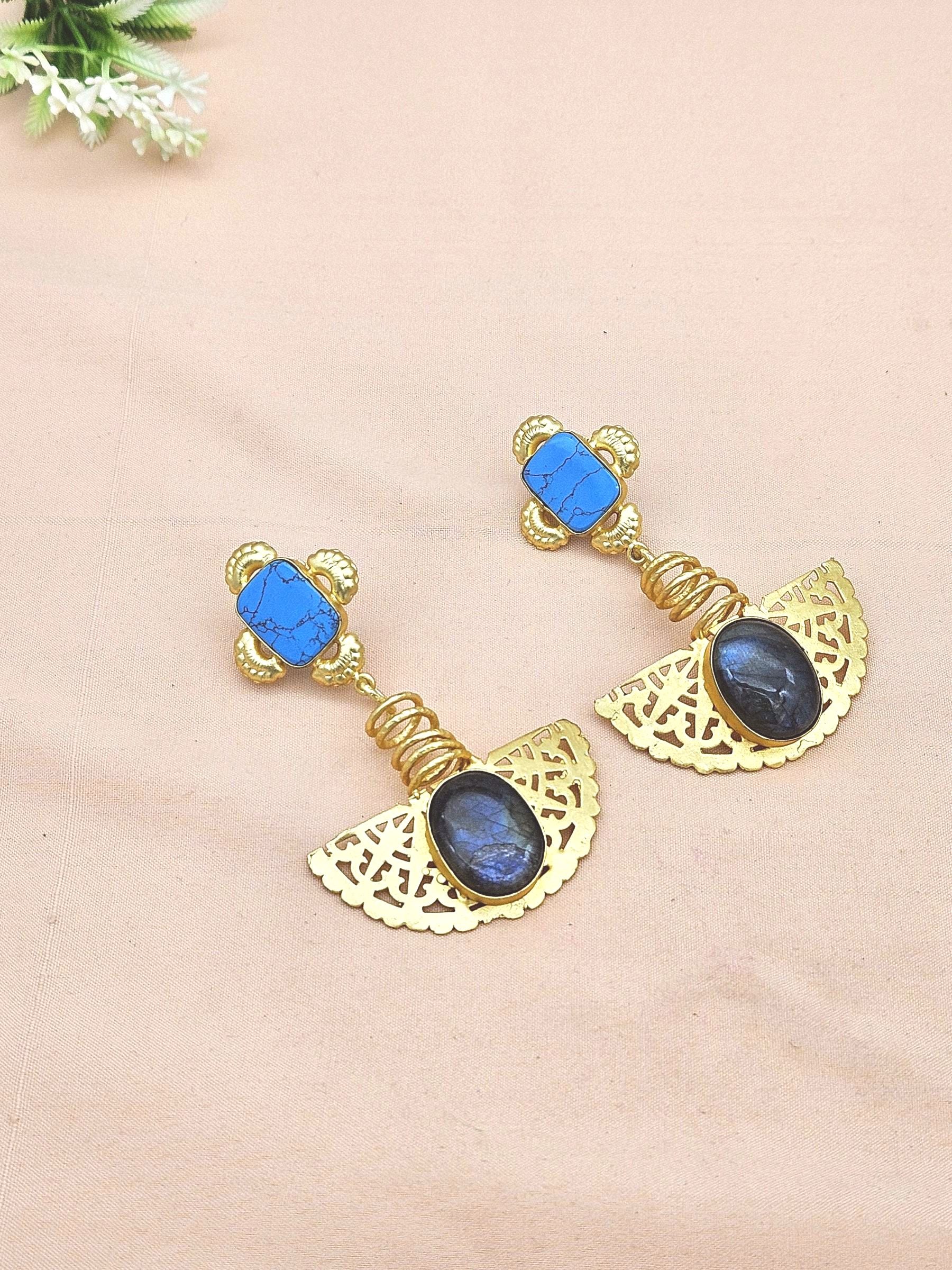 Charming Gold plated Labradorite-Synthetic Turquoise Spring Designer Dangle Drop Earrings