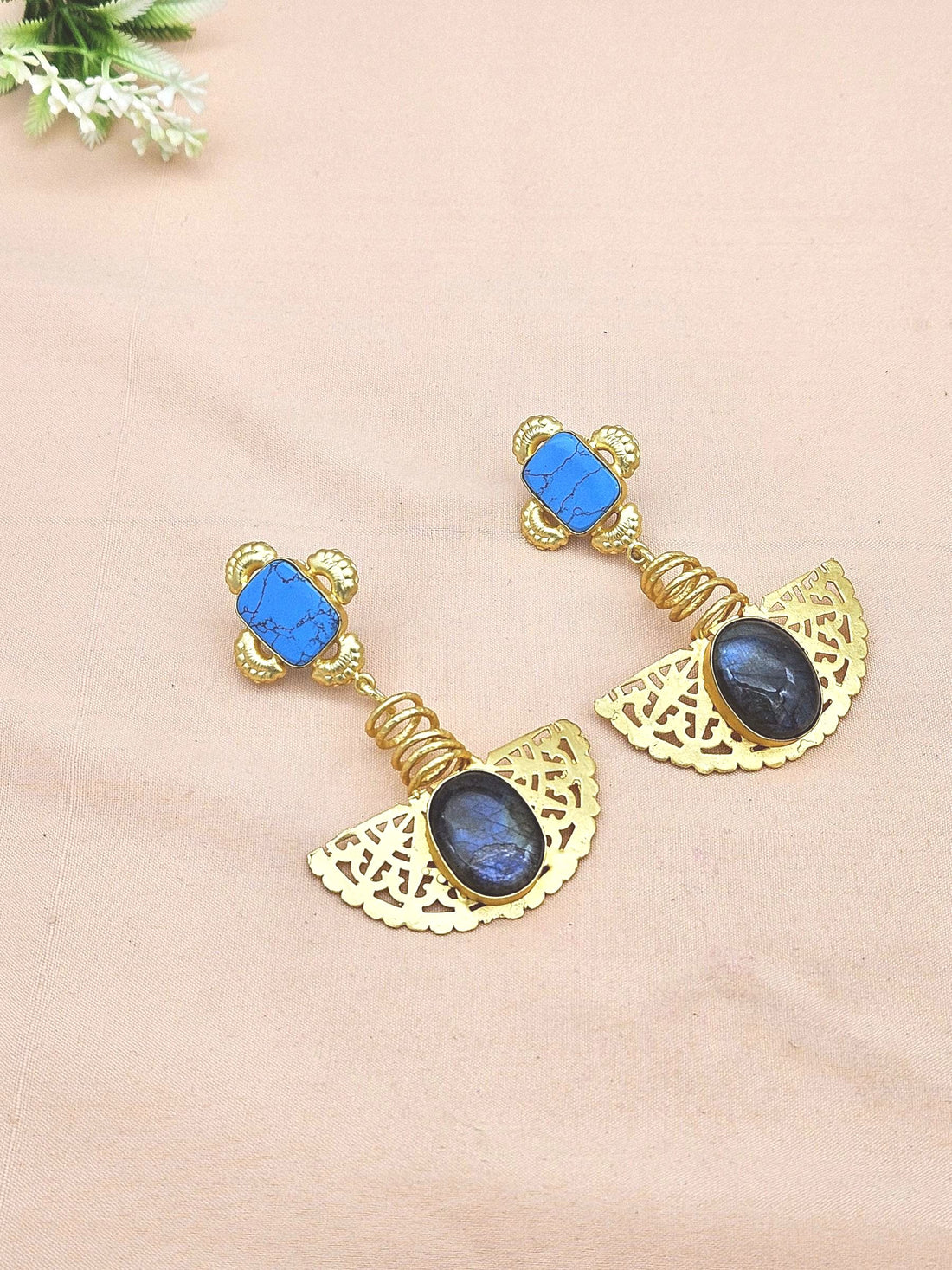 Charming Gold plated Labradorite-Synthetic Turquoise Spring Designer Dangle Drop Earrings