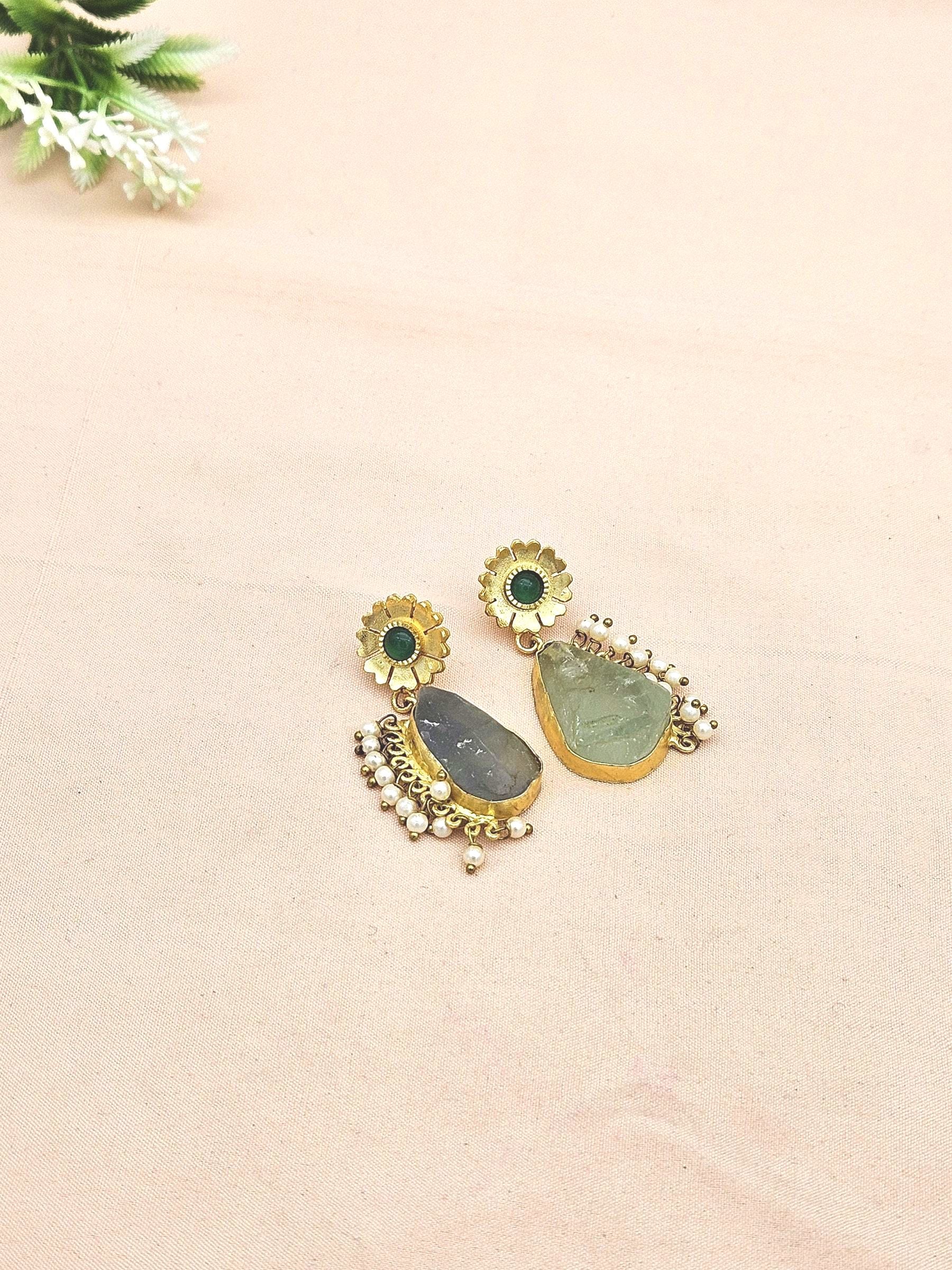 Attractive Gold plated Rough Green Amethyst-Green Onyx-Pearl Designer Dangle Drop Earrings
