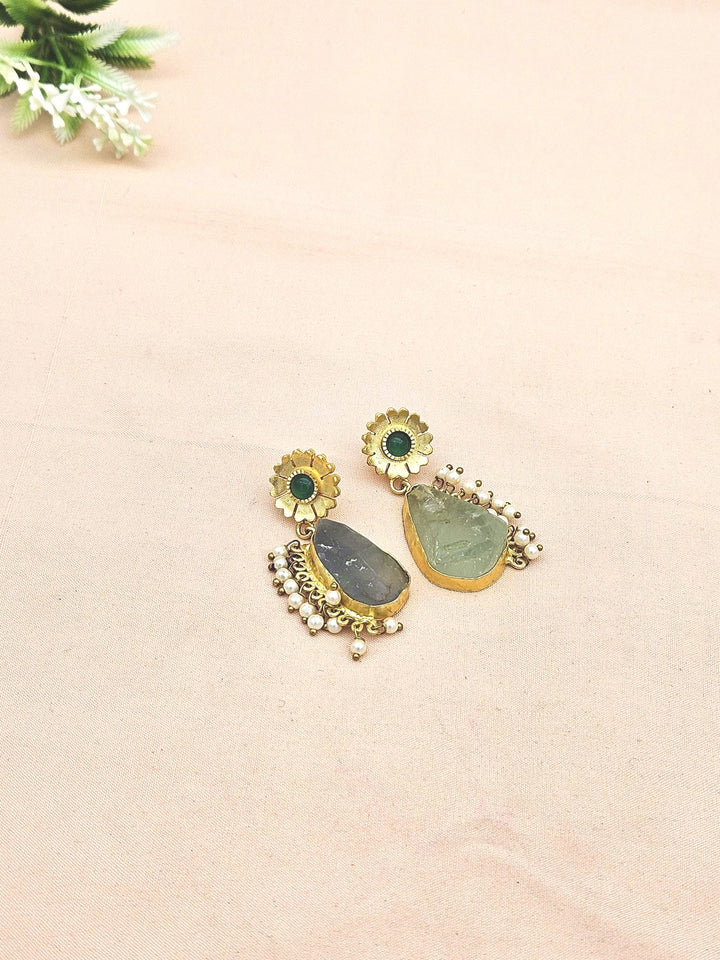 Attractive Gold plated Rough Green Amethyst-Green Onyx-Pearl Designer Dangle Drop Earrings