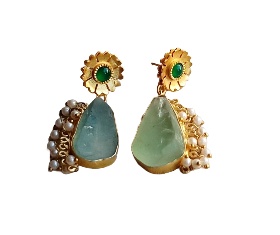 Attractive Gold plated Rough Green Amethyst-Green Onyx-Pearl Designer Dangle Drop Earrings