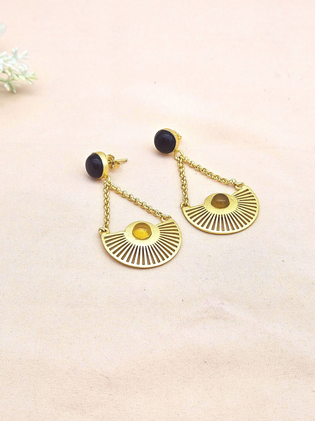 Charming Gold plated Black Onyx-Yellow Chalcedony Stone Cute Designer Dangle Drop Earrings