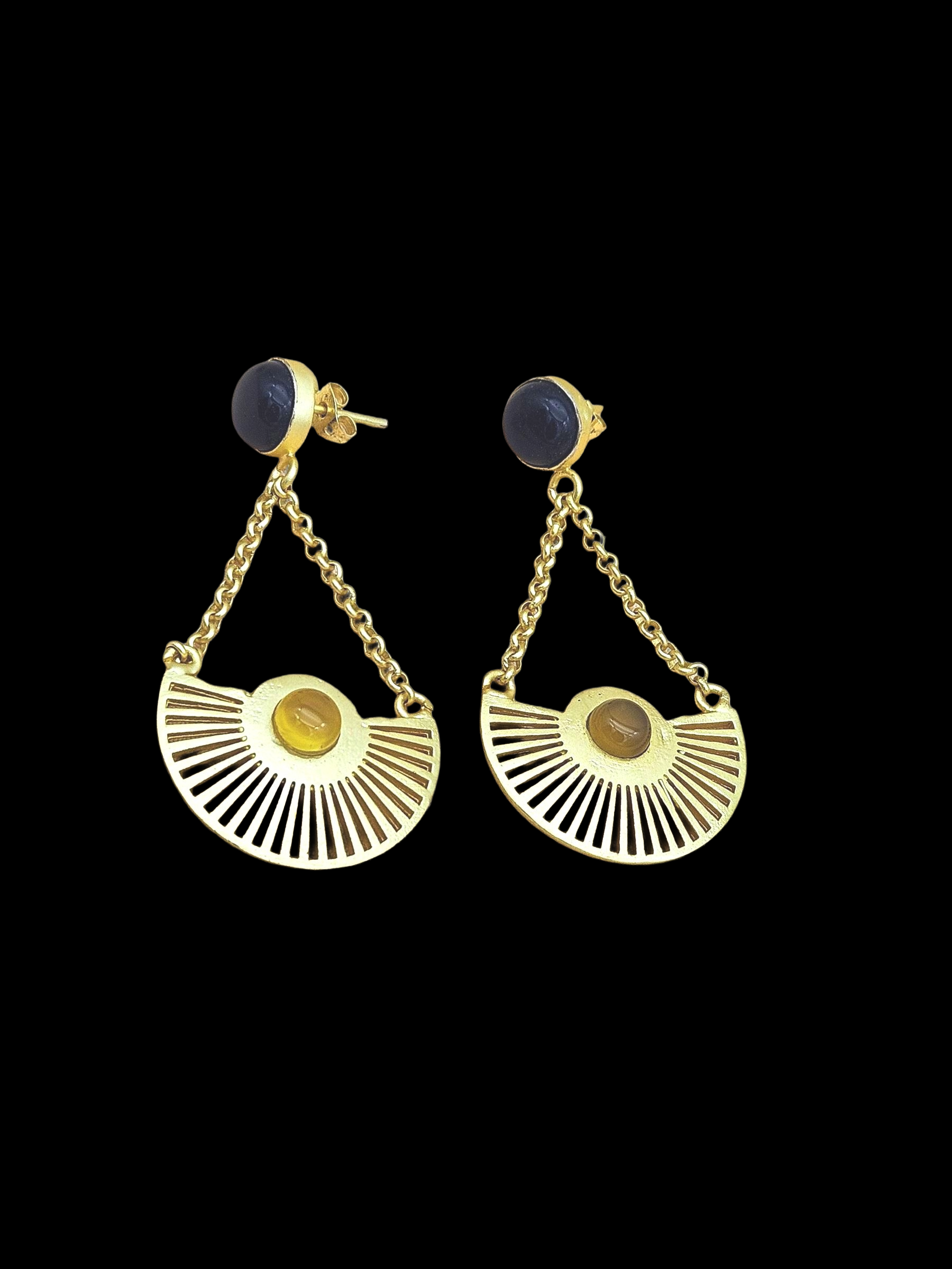 Charming Gold plated Black Onyx-Yellow Chalcedony Stone Cute Designer Dangle Drop Earrings