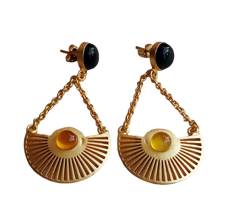 Charming Gold plated Black Onyx-Yellow Chalcedony Stone Cute Designer Dangle Drop Earrings
