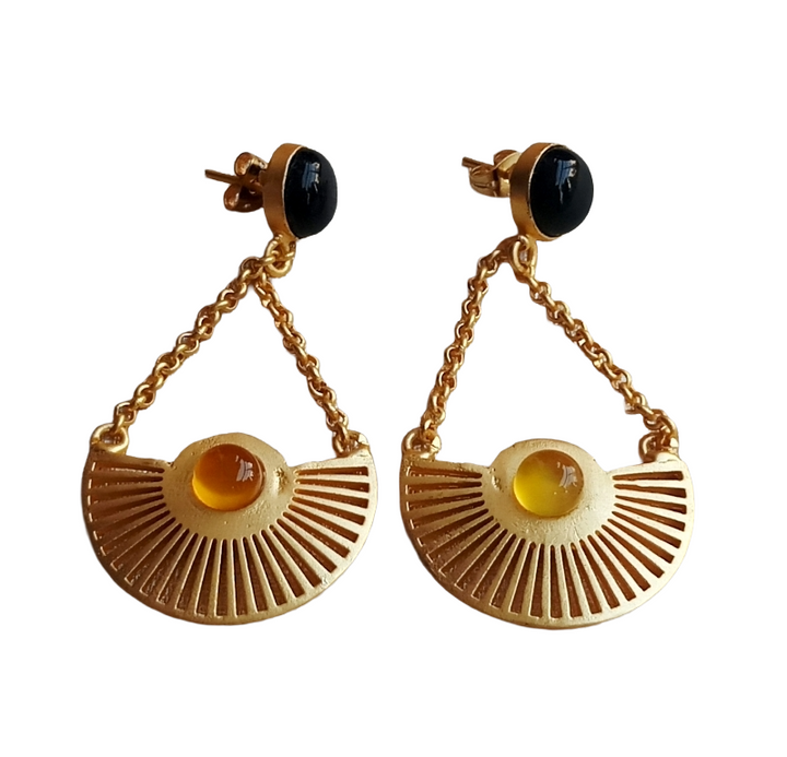 Charming Gold plated Black Onyx-Yellow Chalcedony Stone Cute Designer Dangle Drop Earrings