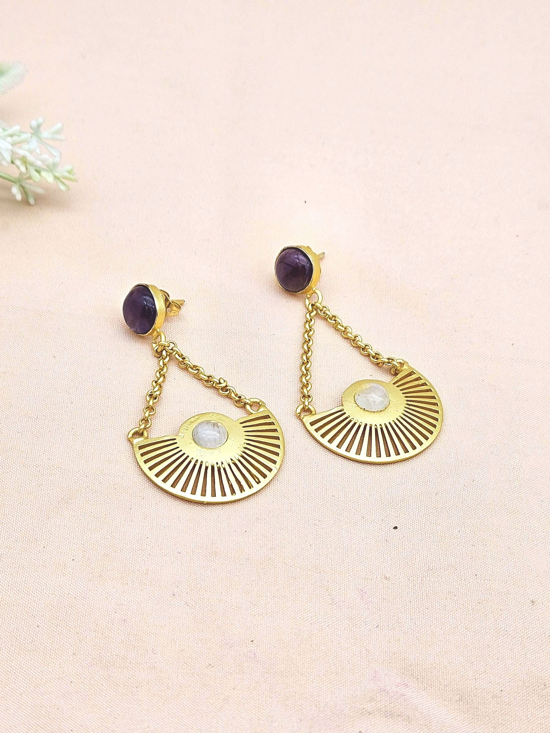 Charming Gold plated Amethyst-White Rainbow Stone Cute Designer Dangle Drop Earrings